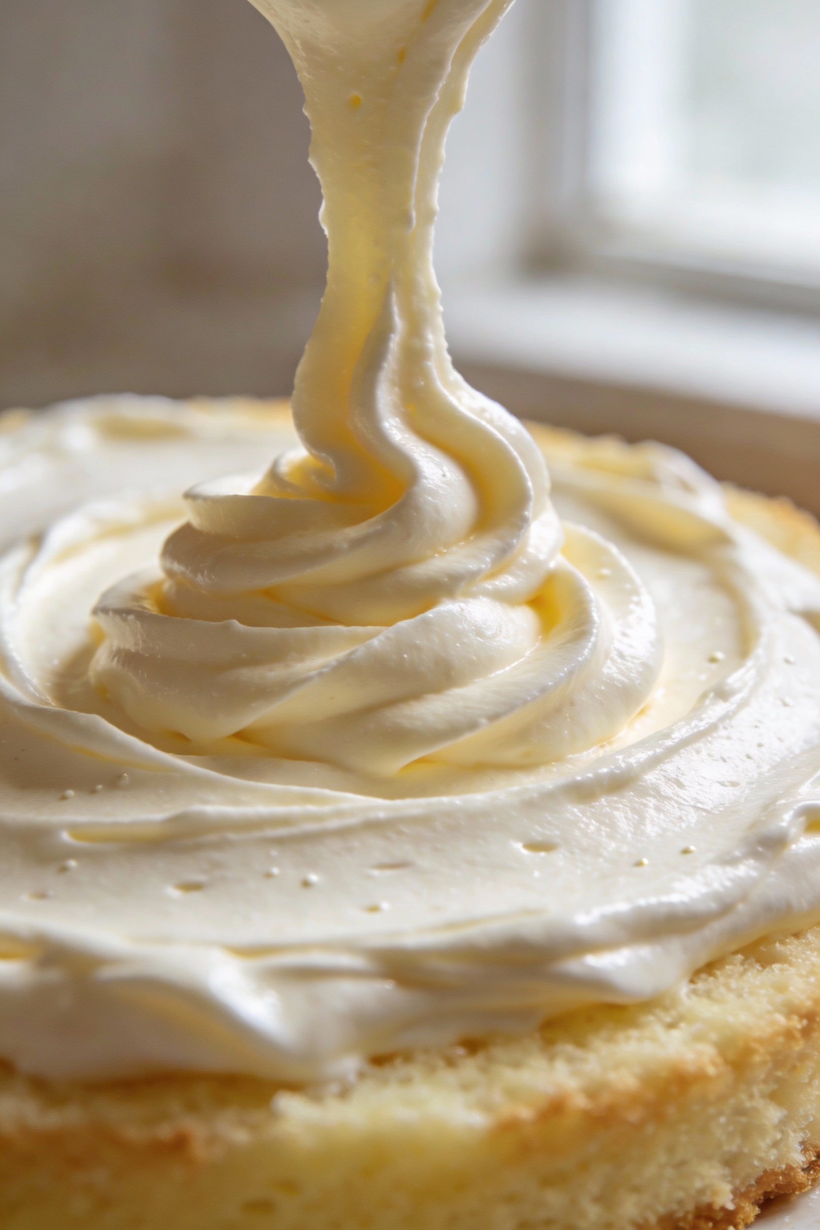 Close-up detail of a thick, silky vanilla buttercream swirl being spread in smooth swoops over a cooled vanilla butter c