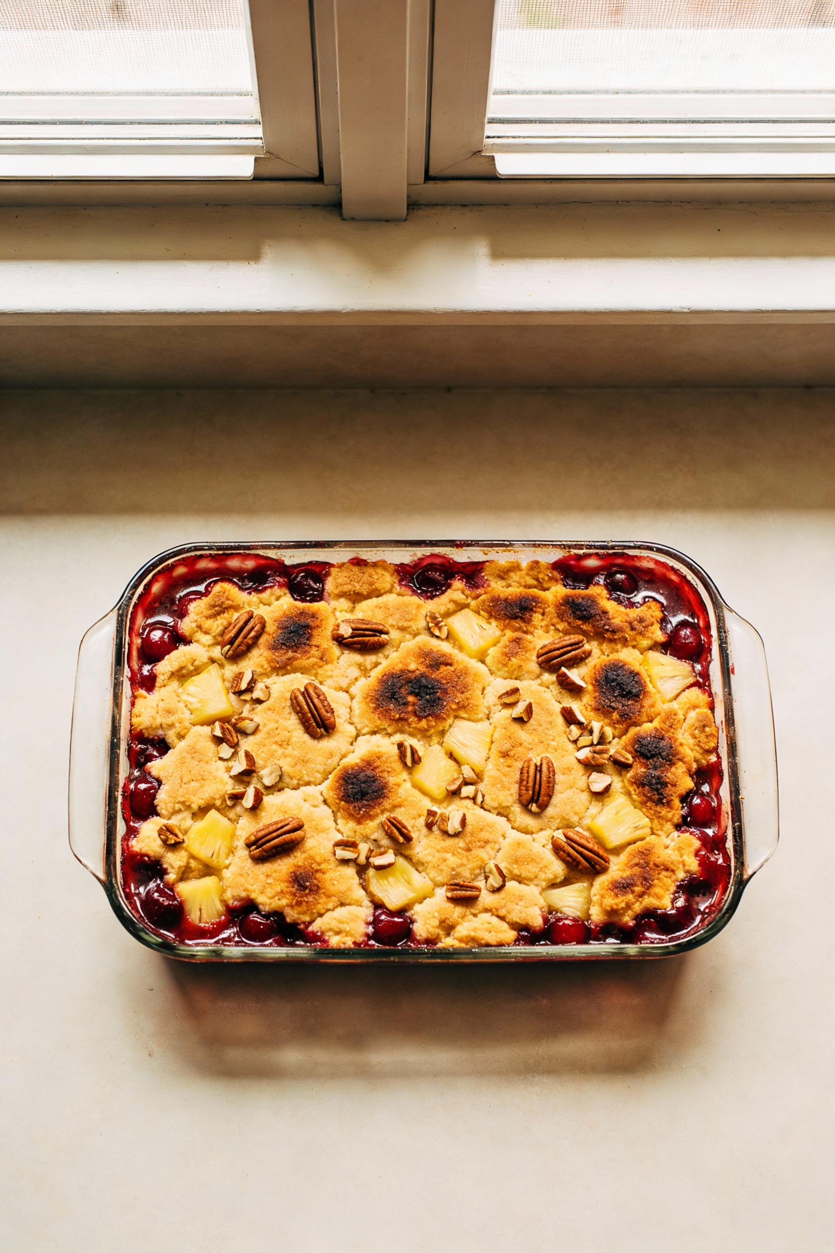 Overhead shot of a baked cherry-pineapple dump cake in a 9x13-inch glass dish, golden buttery cake-mix topping with dark