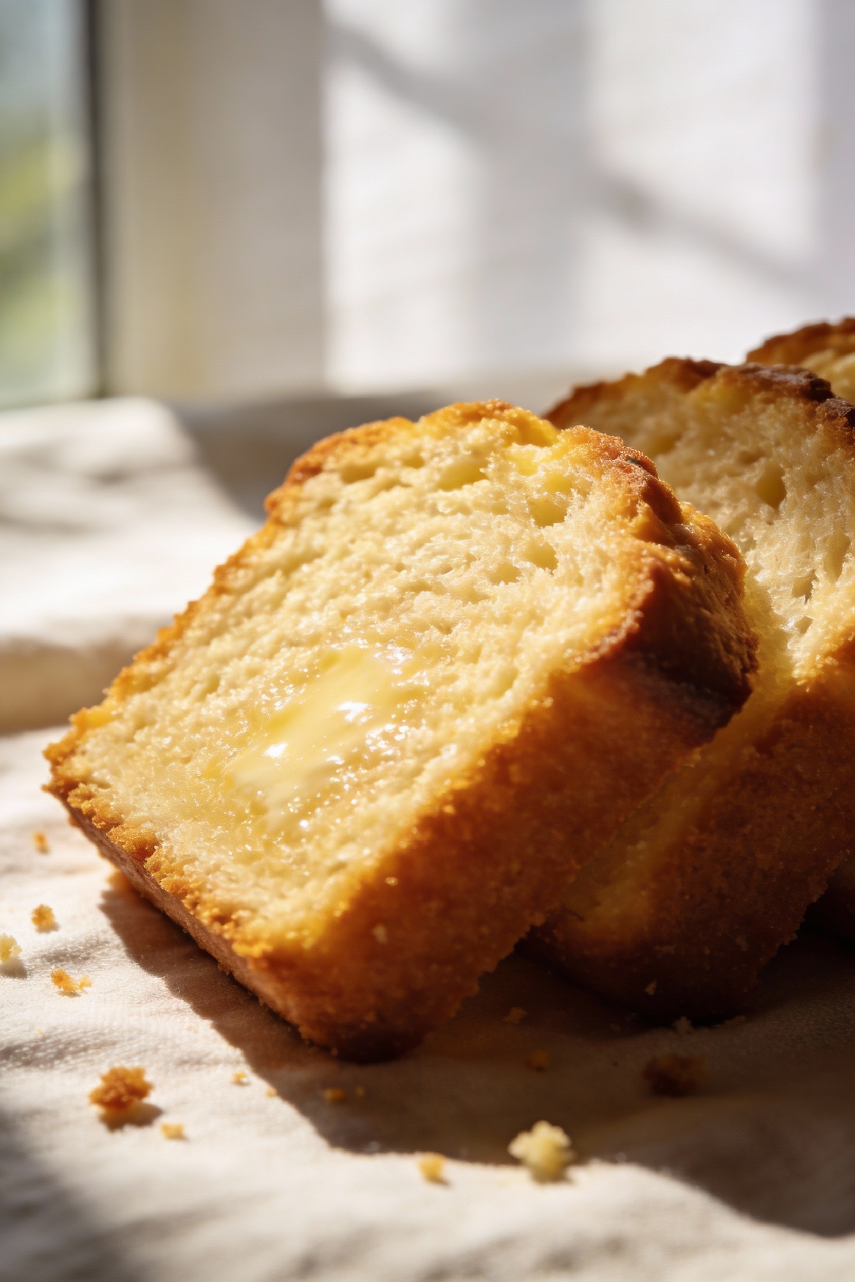 1. Close-up detail of a sliced vanilla pound cake showing a tight, velvety crumb with moist buttery sheen, deep golden c