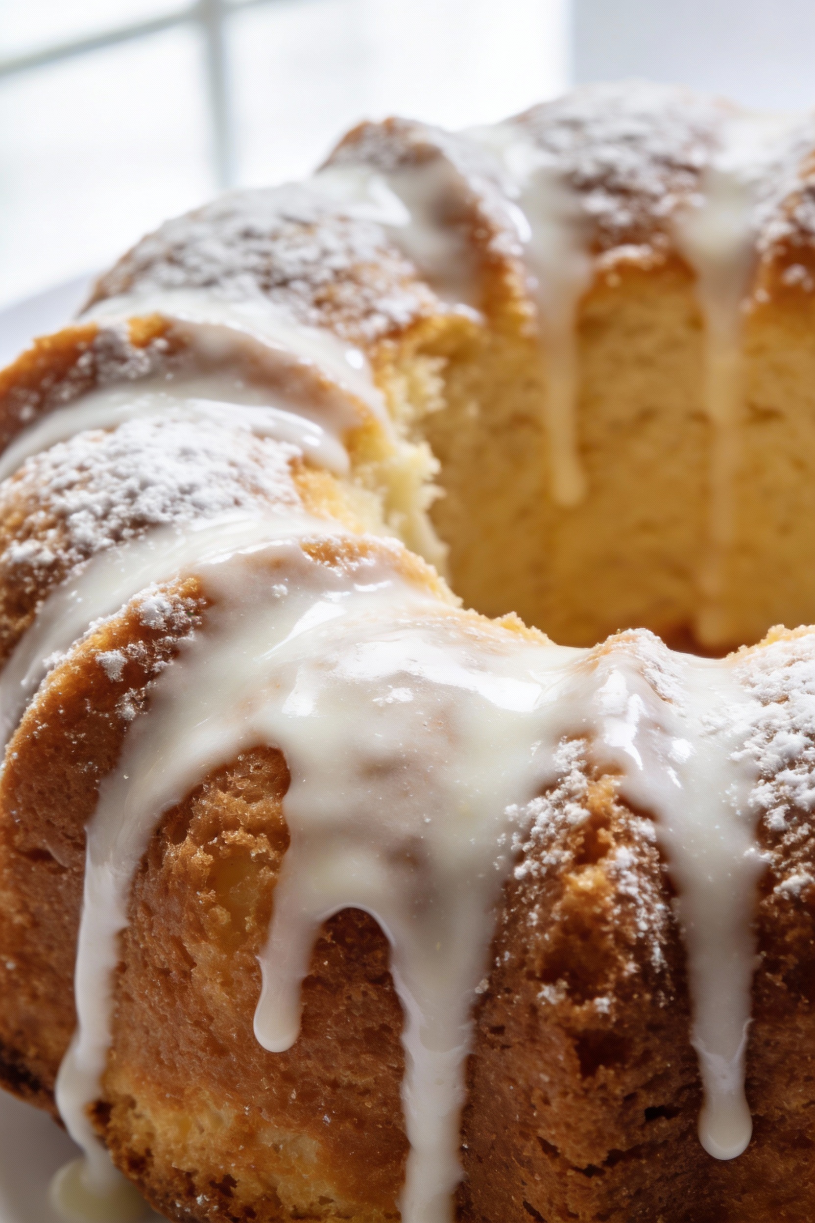 Close-up detail of a vanilla sour cream Bundt cake crumb with glossy white powdered-sugar glaze dripping into deep ridge