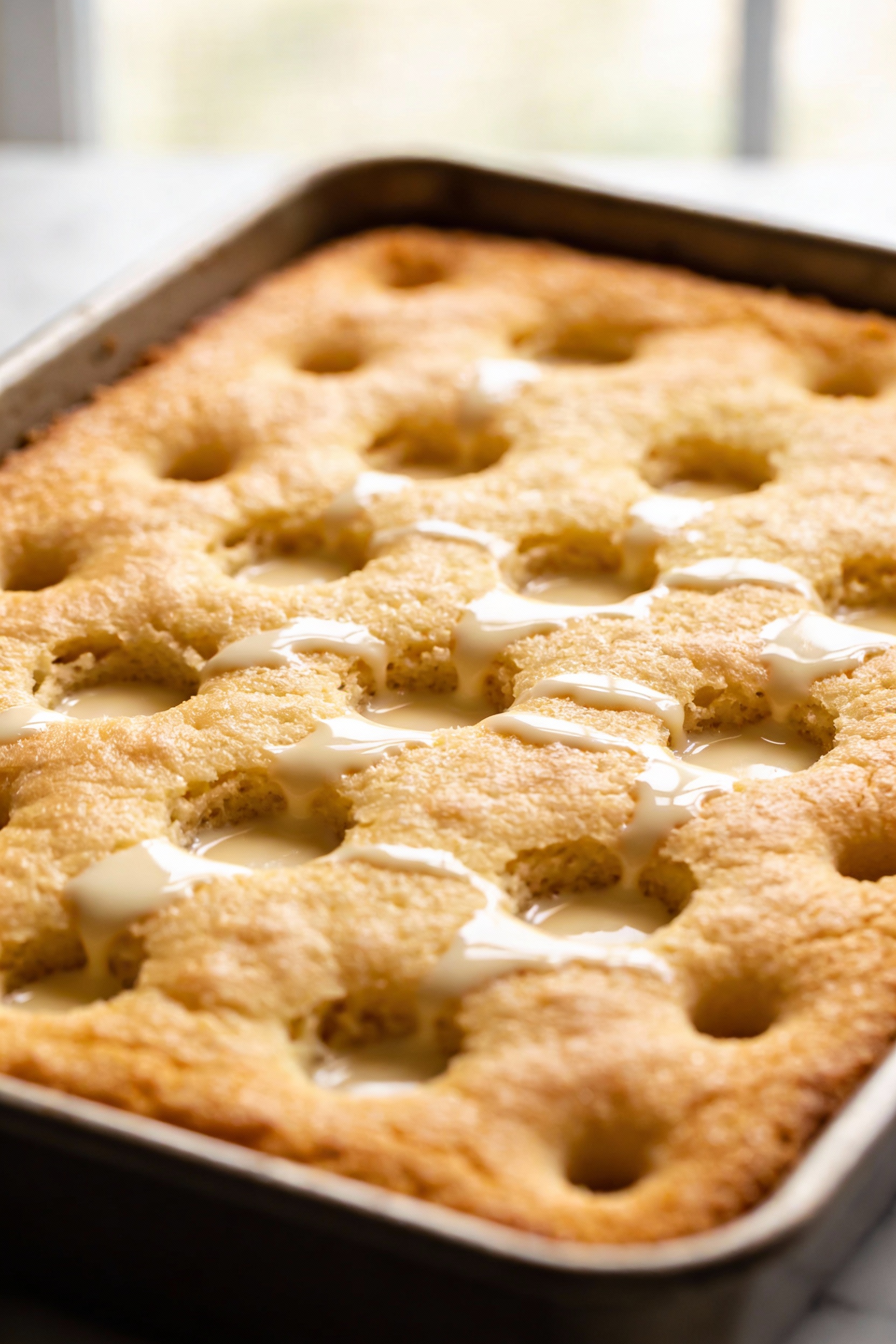 Close-up detail of a vanilla poke cake in a 9x13 pan, freshly poked holes evenly spaced about 1 inch apart, sweet cream 