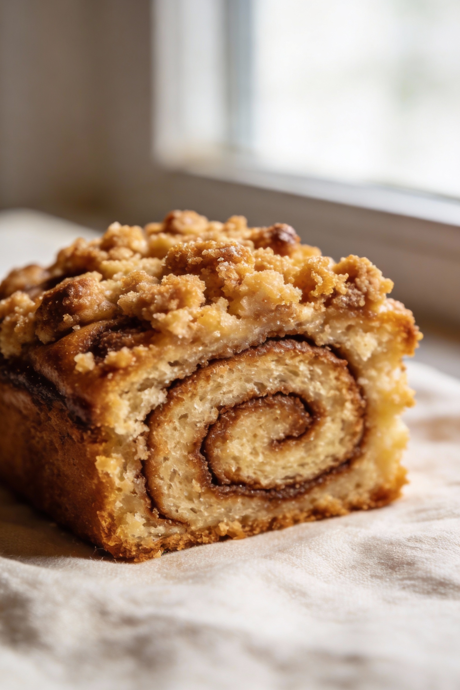 1. Close-up detail of a warm slice of cinnamon-streusel coffee cake showing the distinct cinnamon swirl layer and tender