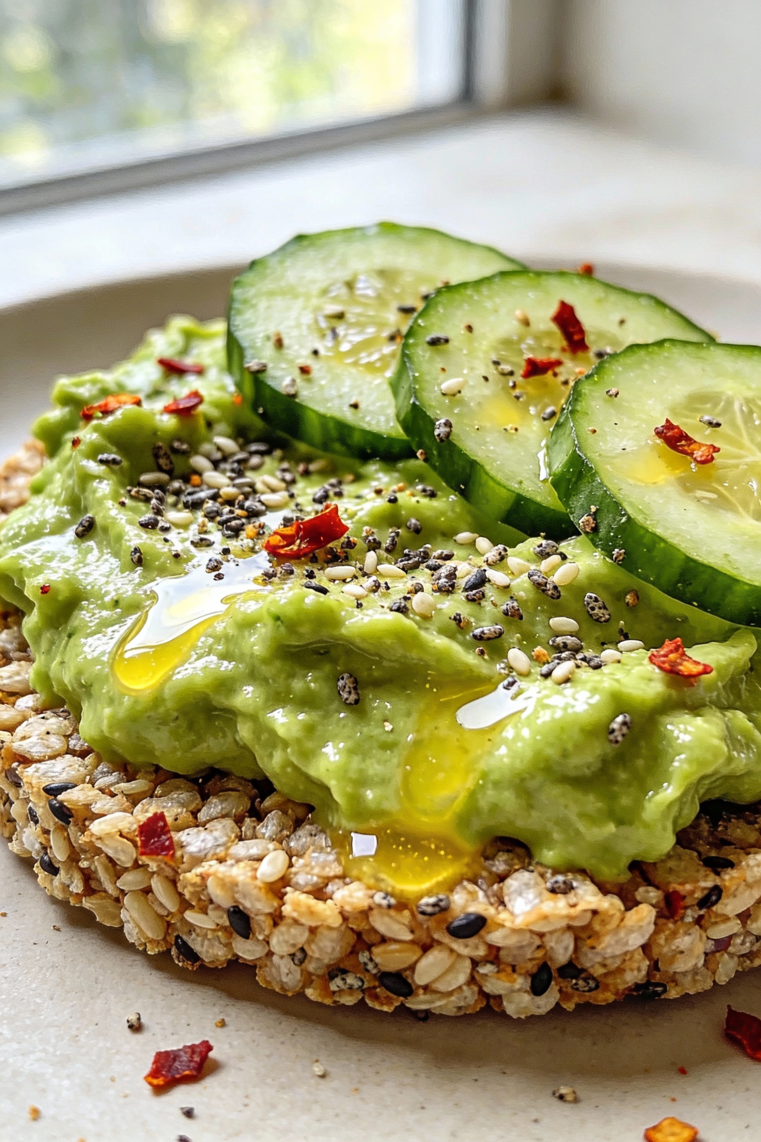 Close-up detail of an Everything Avocado Crunch rice cake: thick smashed avocado with lemon sheen, everything bagel seas