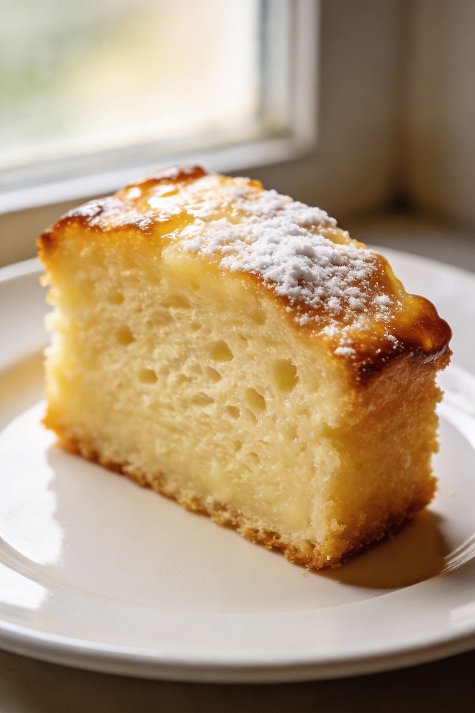 Close-up detail of a slice of homemade vanilla butter cake showing a tender, moist crumb and fine air pockets, lightly d