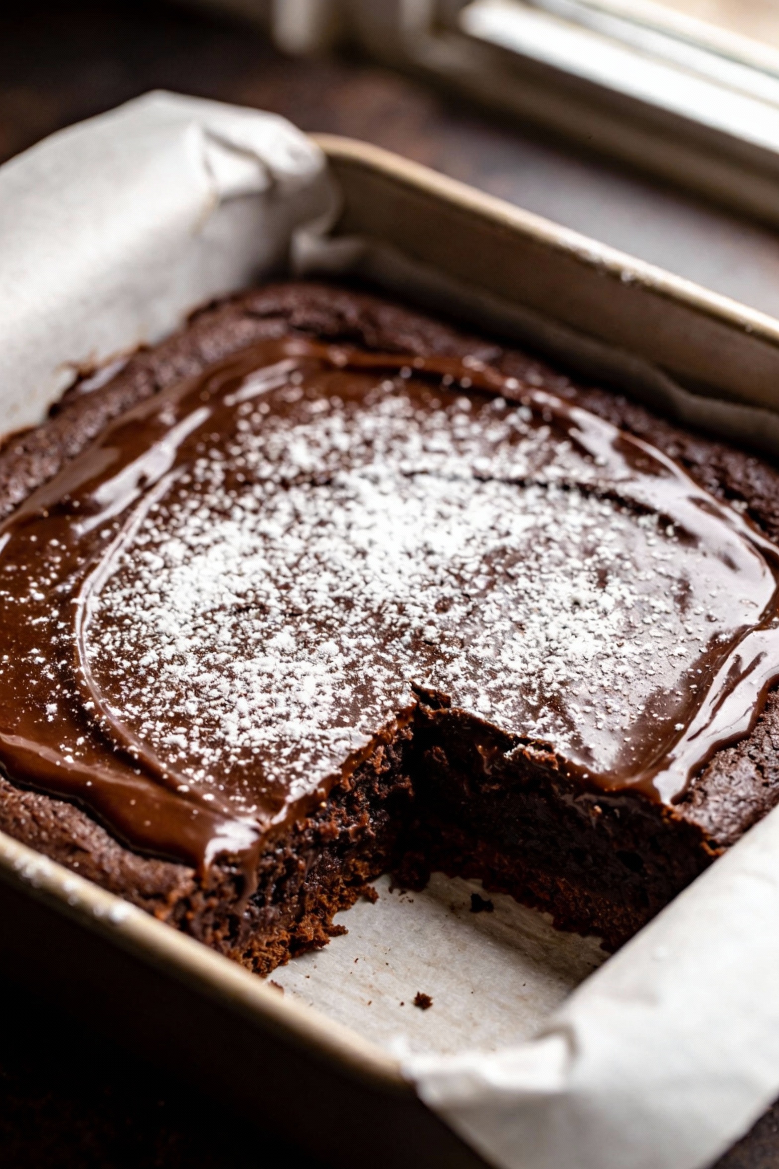 Overhead shot of an ultra-moist chocolate snacking cake in an 8x8 pan, glossy chocolate glaze and a light dusting of pow
