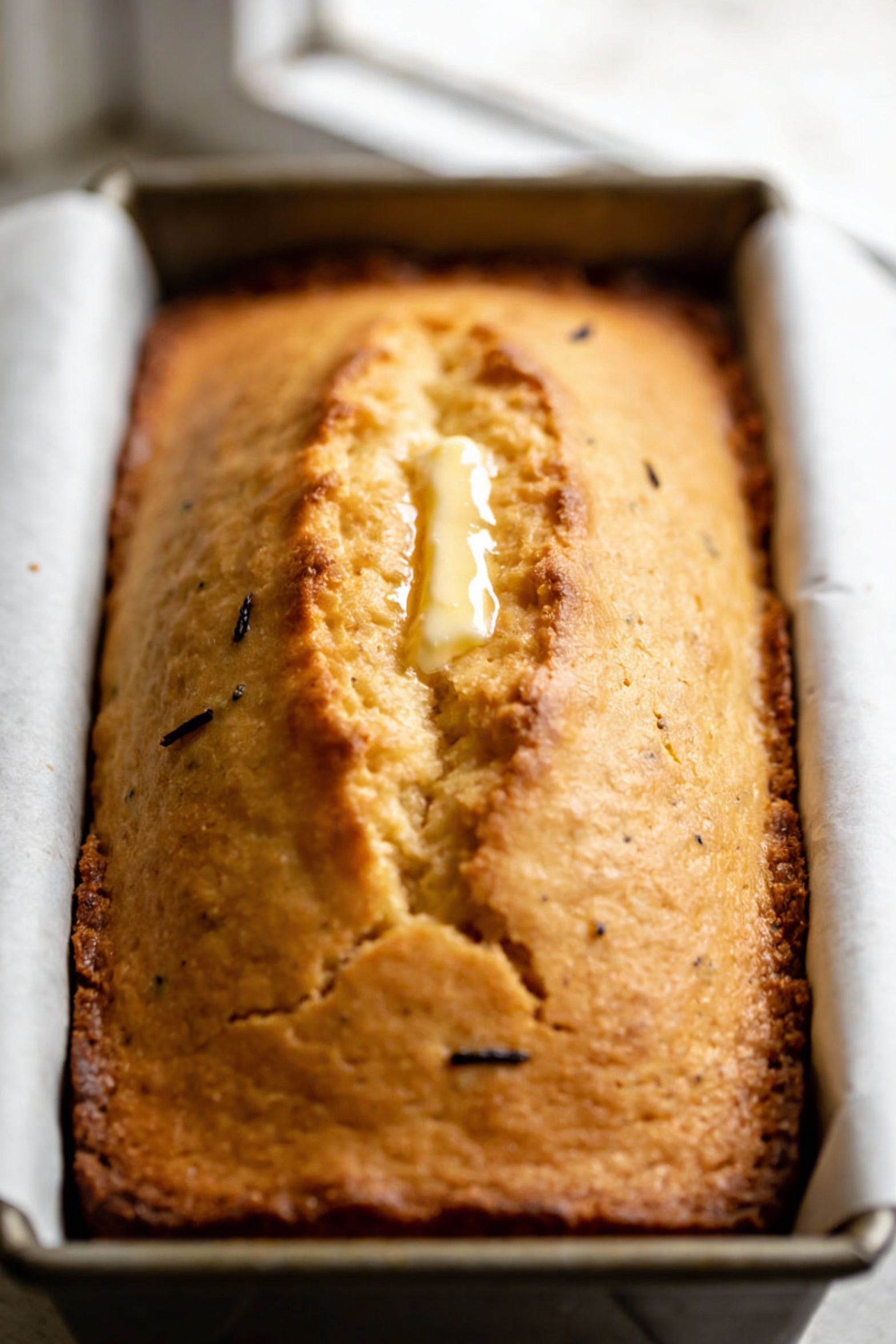1. Close-up detail of a freshly baked vanilla loaf cake just out of the pan, tall golden dome with a glossy centered cra