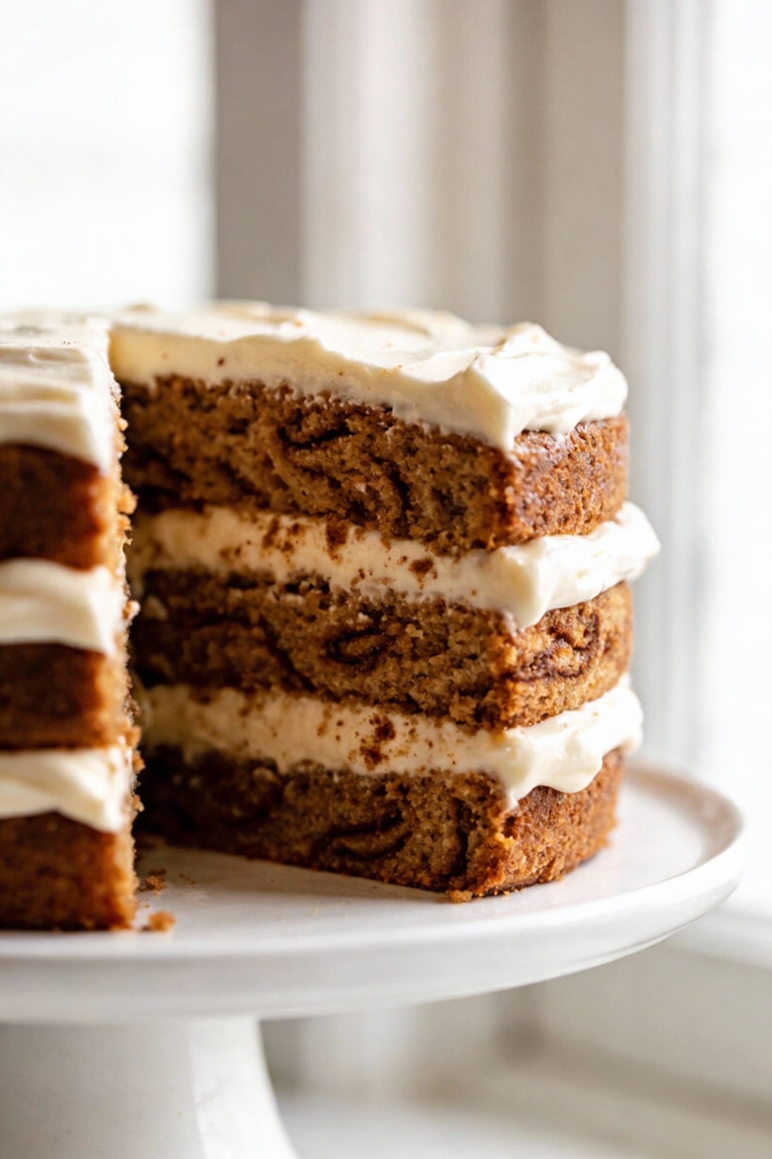 Close-up detail of a sliced spice layer cake showing a plush, tender crumb with visible cinnamon-speckled swirls, thick 
