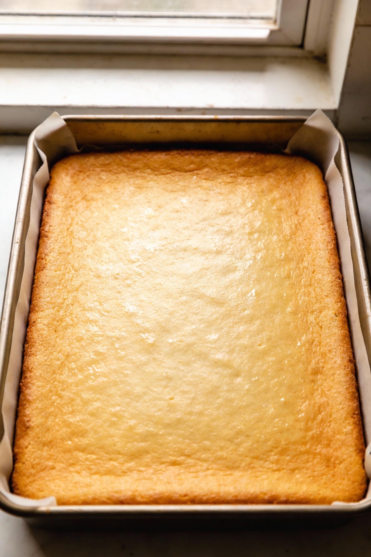 Overhead shot of a freshly baked vanilla sheet cake in a 9x13 metal pan, golden top with an even shallow layer, parchmen