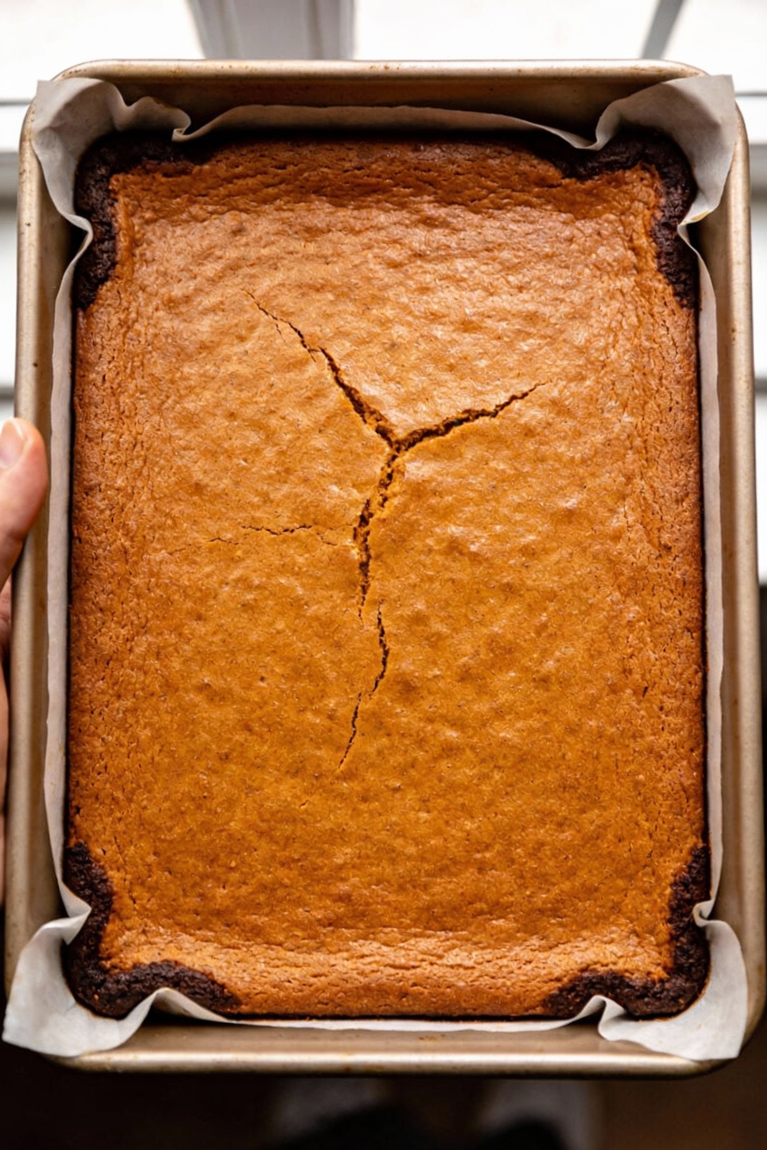Overhead shot of a freshly baked 9x13 pumpkin sheet cake in the pan, smooth golden-brown top with a few visible cracks, 