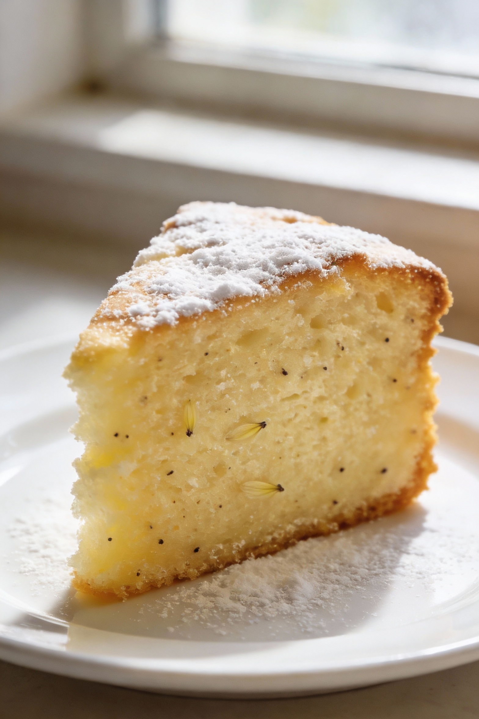 1. Close-up of a freshly baked fluffy vanilla cake slice showing a tender, moist crumb and tiny vanilla-speck texture, l