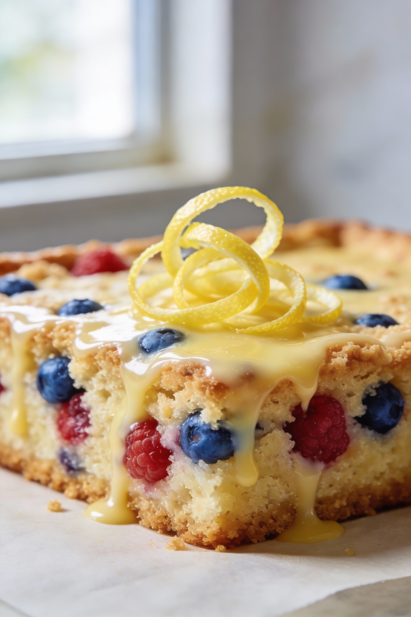 Close-up of lemon berry sheet cake crumb with visible blueberries and raspberries, glossy lemon glaze dripping over the 