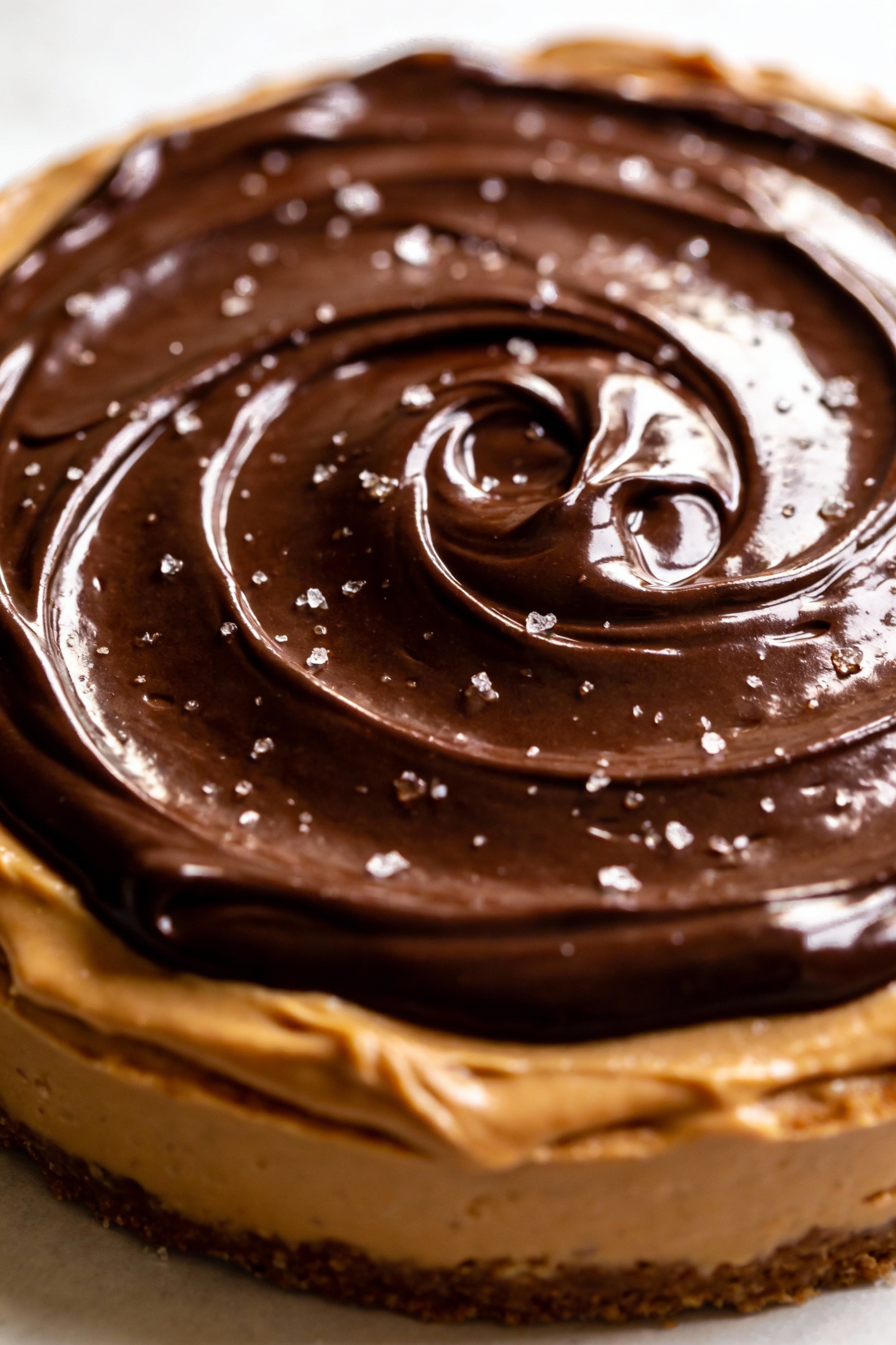 Close-up detail of dark chocolate ganache cooling to a peanut-butter consistency on a cake layer, ultra-glossy swirls wi