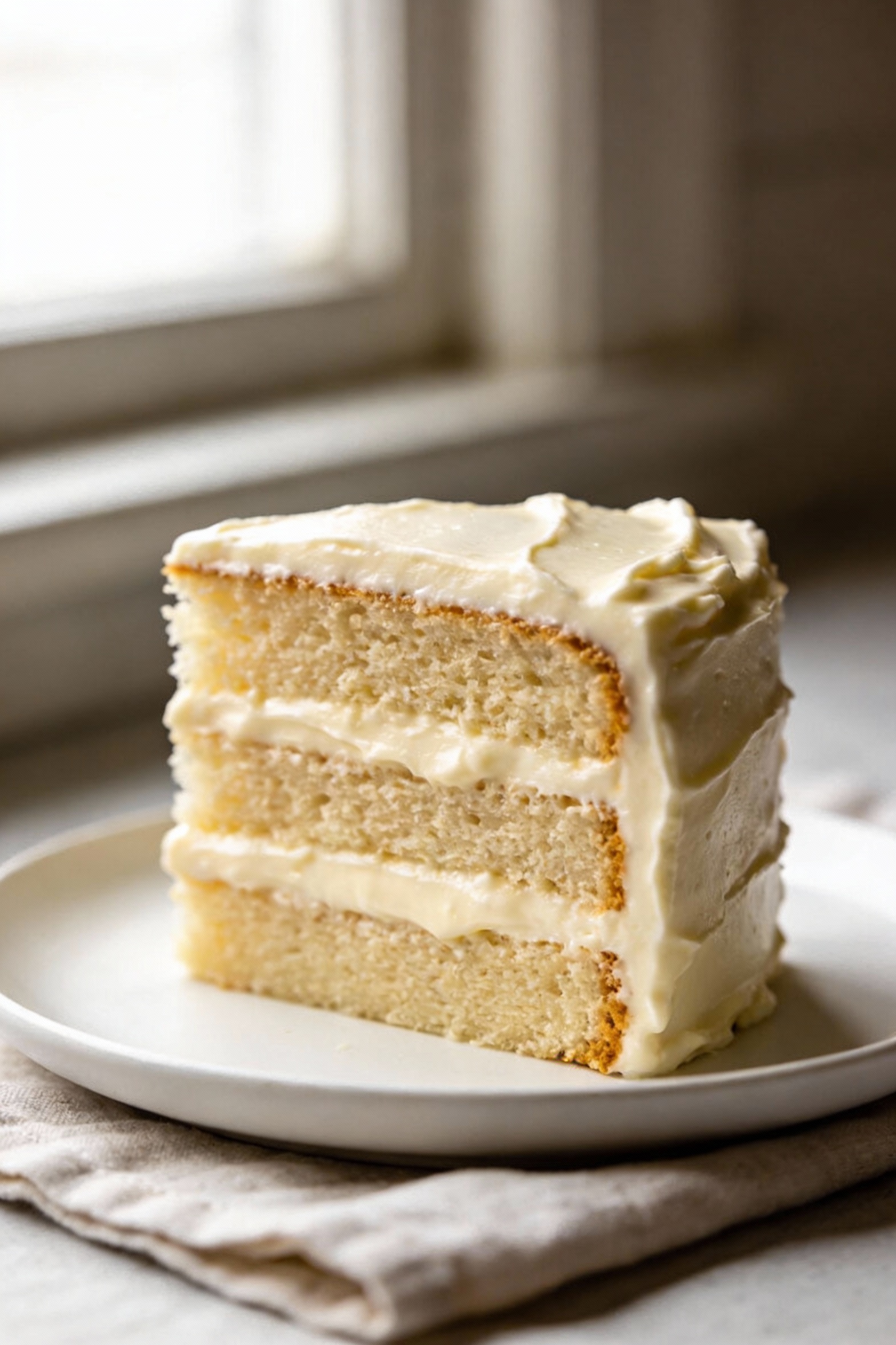 Close-up detail of a gluten-free vanilla layer cake slice showing a tender, fluffy crumb and clean layers of silky vanil