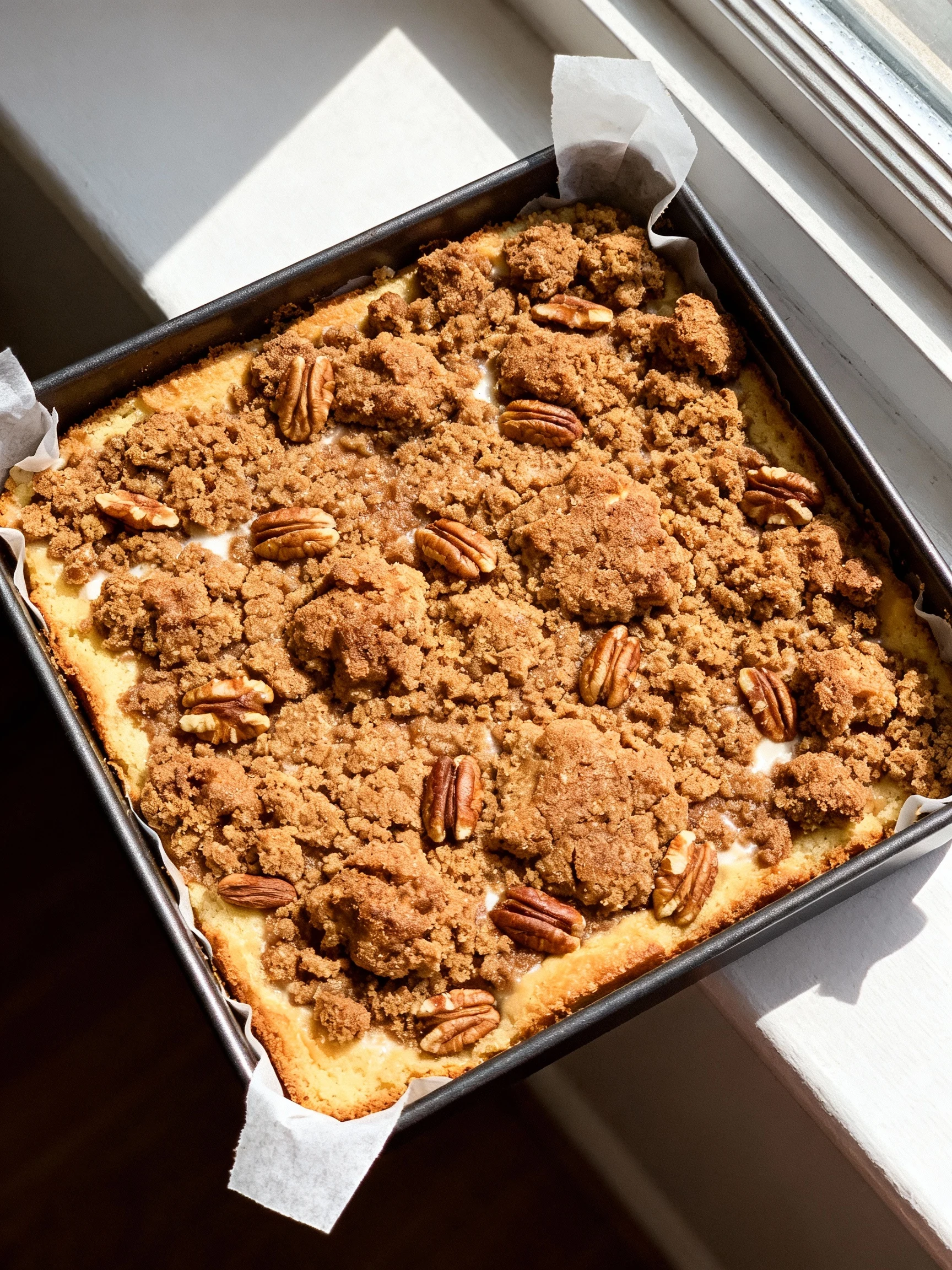 Overhead shot of vegan coconut milk coffee cake in an 8-inch square pan, thick cinnamon-brown sugar streusel blanket wit