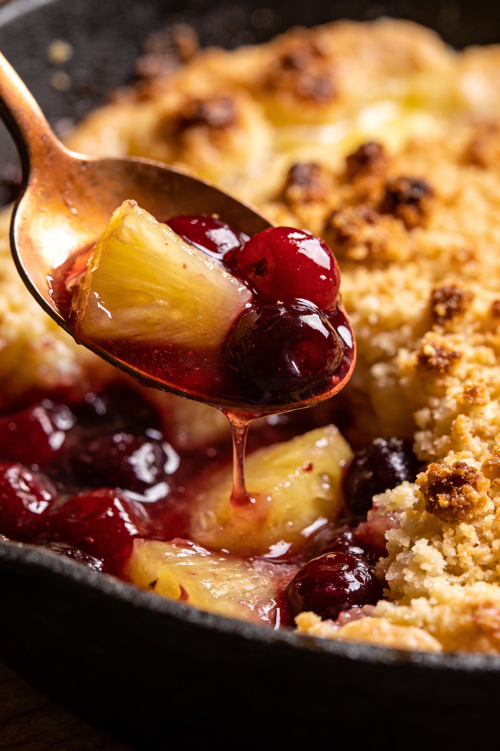 Close-up detail of a warm scoop lifting from the pan, showing saucy cherry filling and pineapple beneath a crisp-tender 