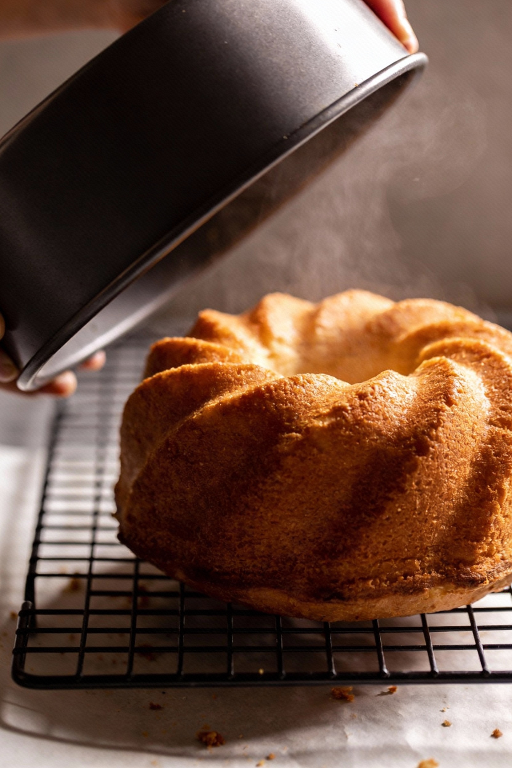 Cooking process shot of a golden-brown Bundt cake being inverted onto a wire rack with the pan just lifted off, steam wi