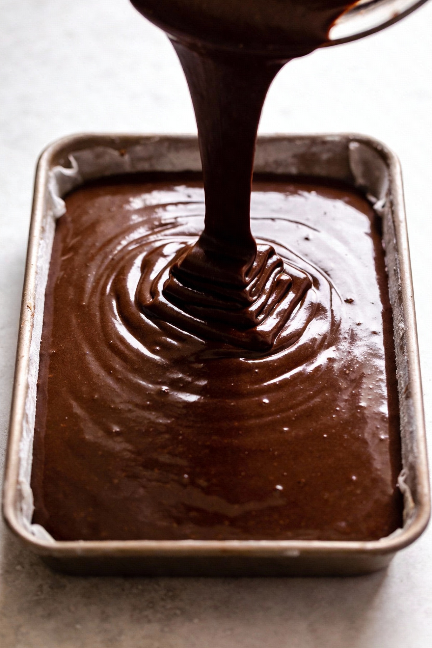 2. Cooking process shot of moist chocolate sheet cake batter being poured into a greased 9x13 pan, glossy dark cocoa-blo