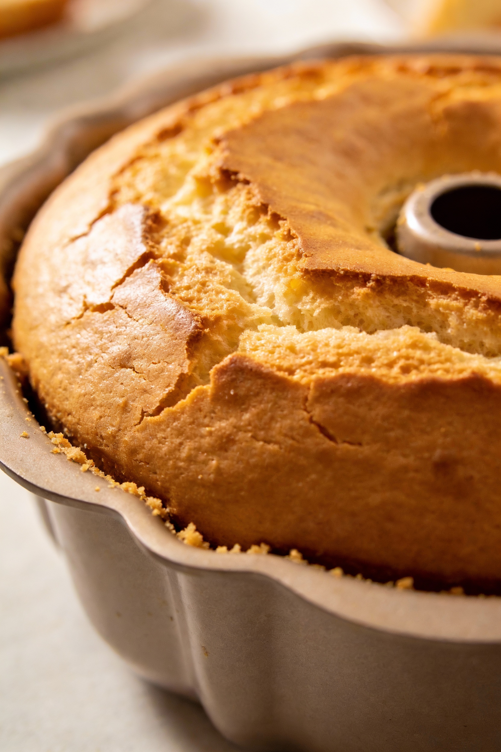 Close-up detail: freshly baked angel food cake in an ungreased 10-inch tube pan, domed golden-brown top with delicate cr
