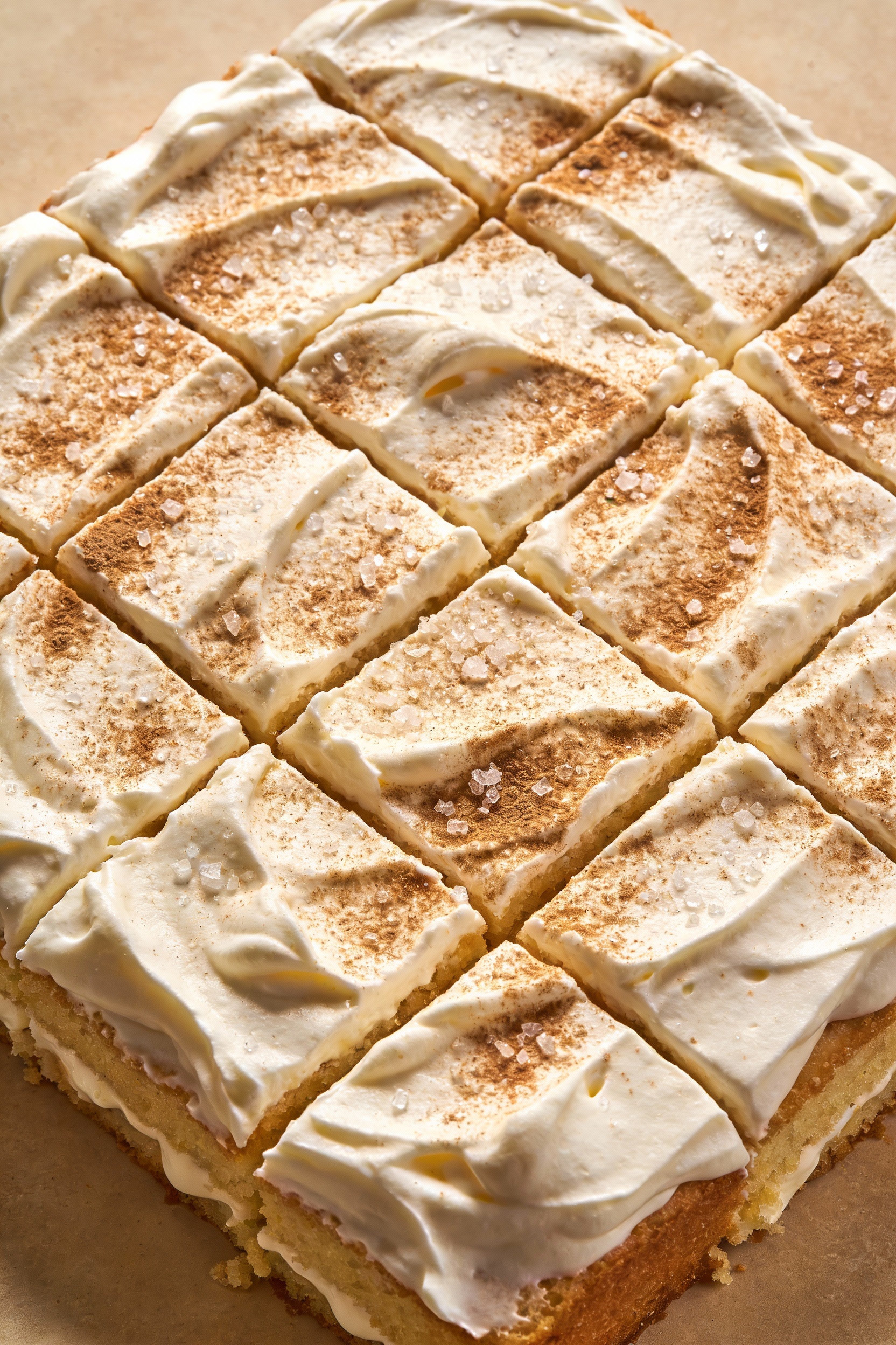 Overhead shot of a chilled tres-leches–style poke cake fully frosted with thick whipped topping, light dusting of cinnam