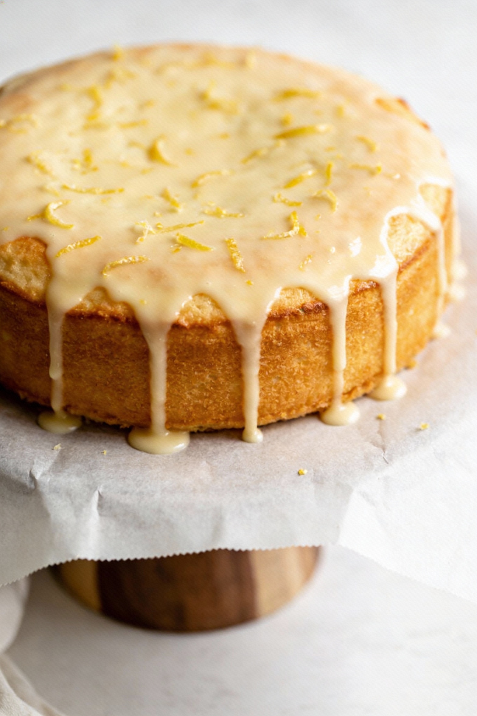 Overhead shot of the finished 9-inch round vanilla butter cake on parchment-lined cake stand with a simple vanilla glaze