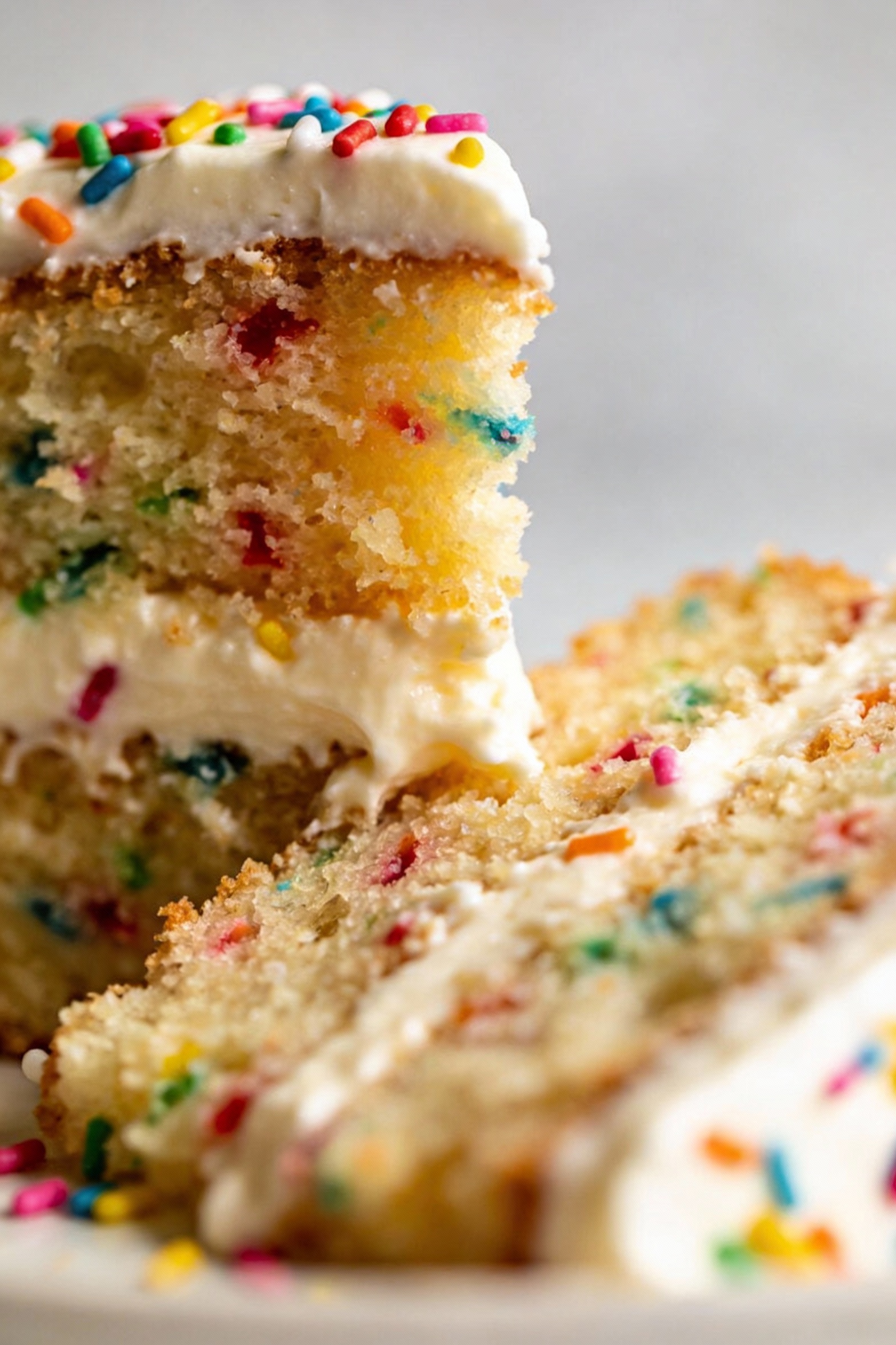 Close-up detail of a sliced funfetti-style vanilla cake with rainbow sprinkles baked into the crumb, creamy buttercream 