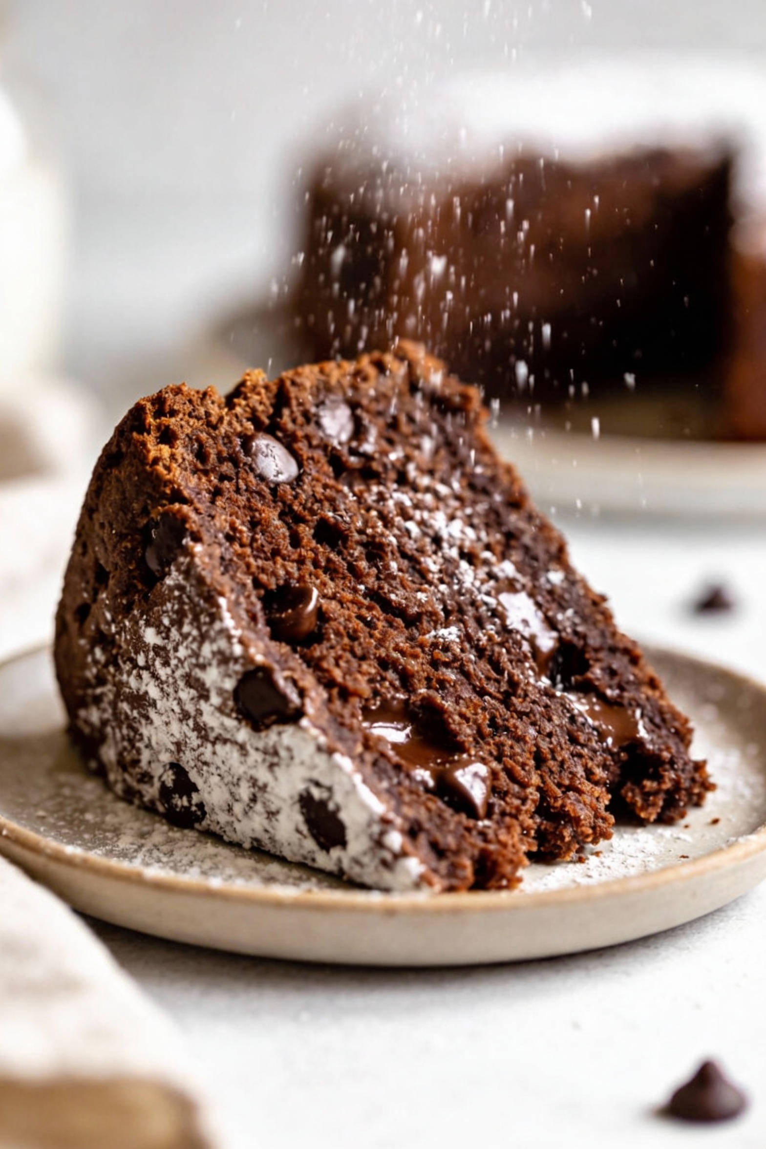 Close-up detail of a slice of chocolate snacking cake on a small plate, visible moist crumbs and melty chocolate pockets