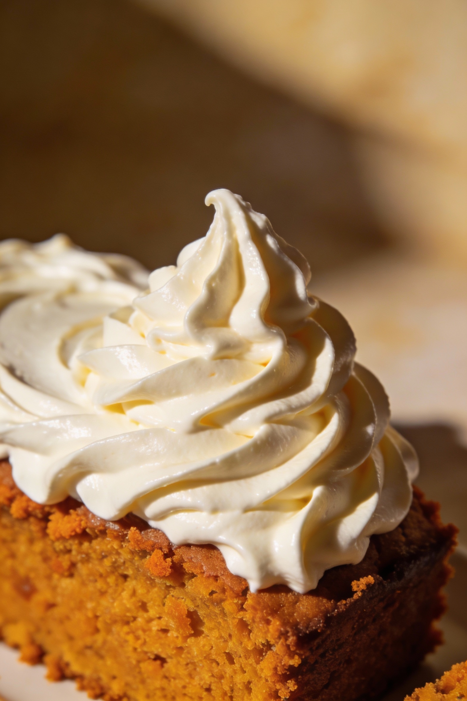 Close-up detail of thick cream cheese frosting being spread in dramatic swirls over cooled pumpkin cake, glossy ridges a