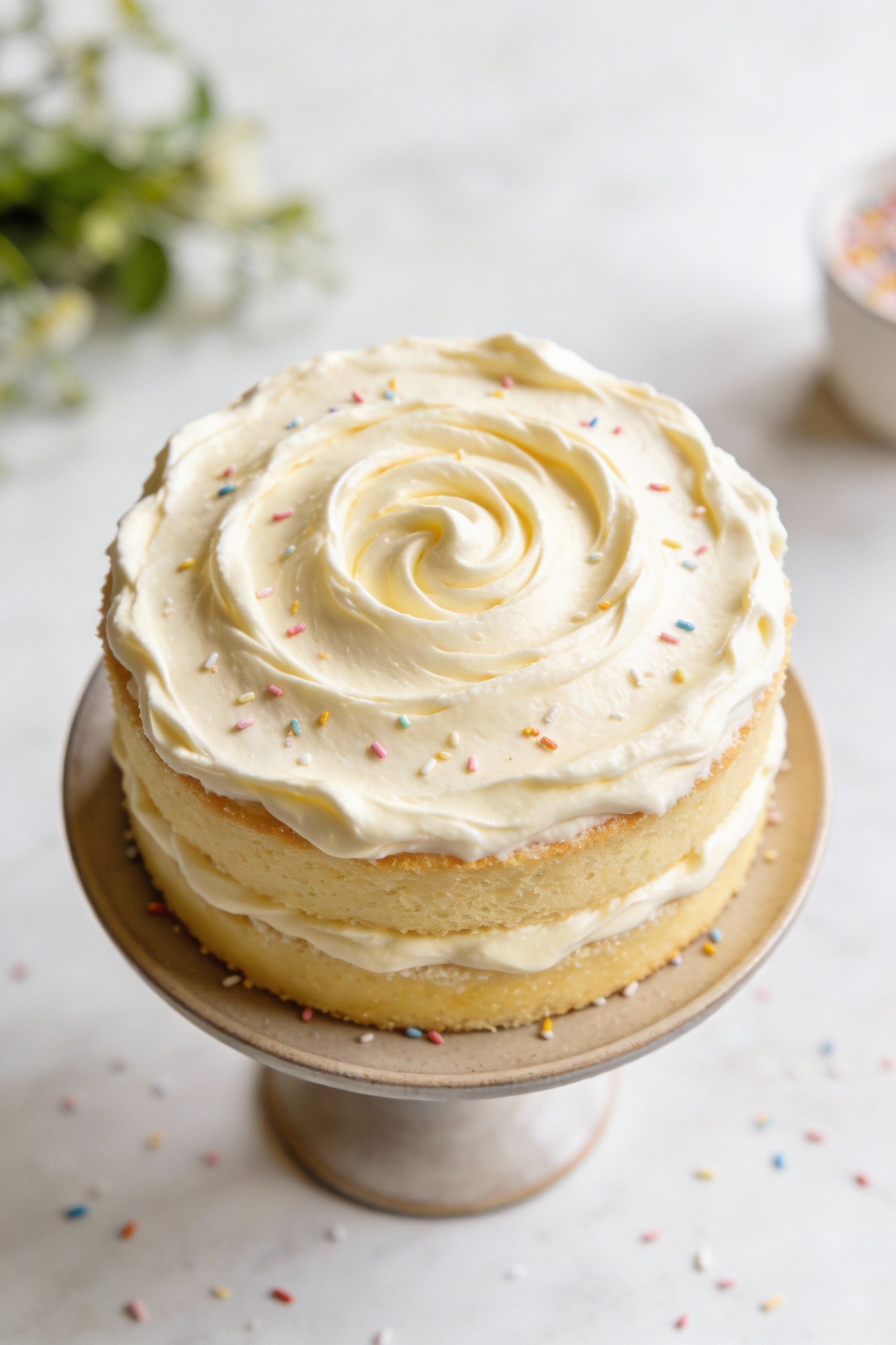 2. Overhead shot of a frosted two-layer vanilla cake with smooth vanilla buttercream swirls and clean edges, simple cele