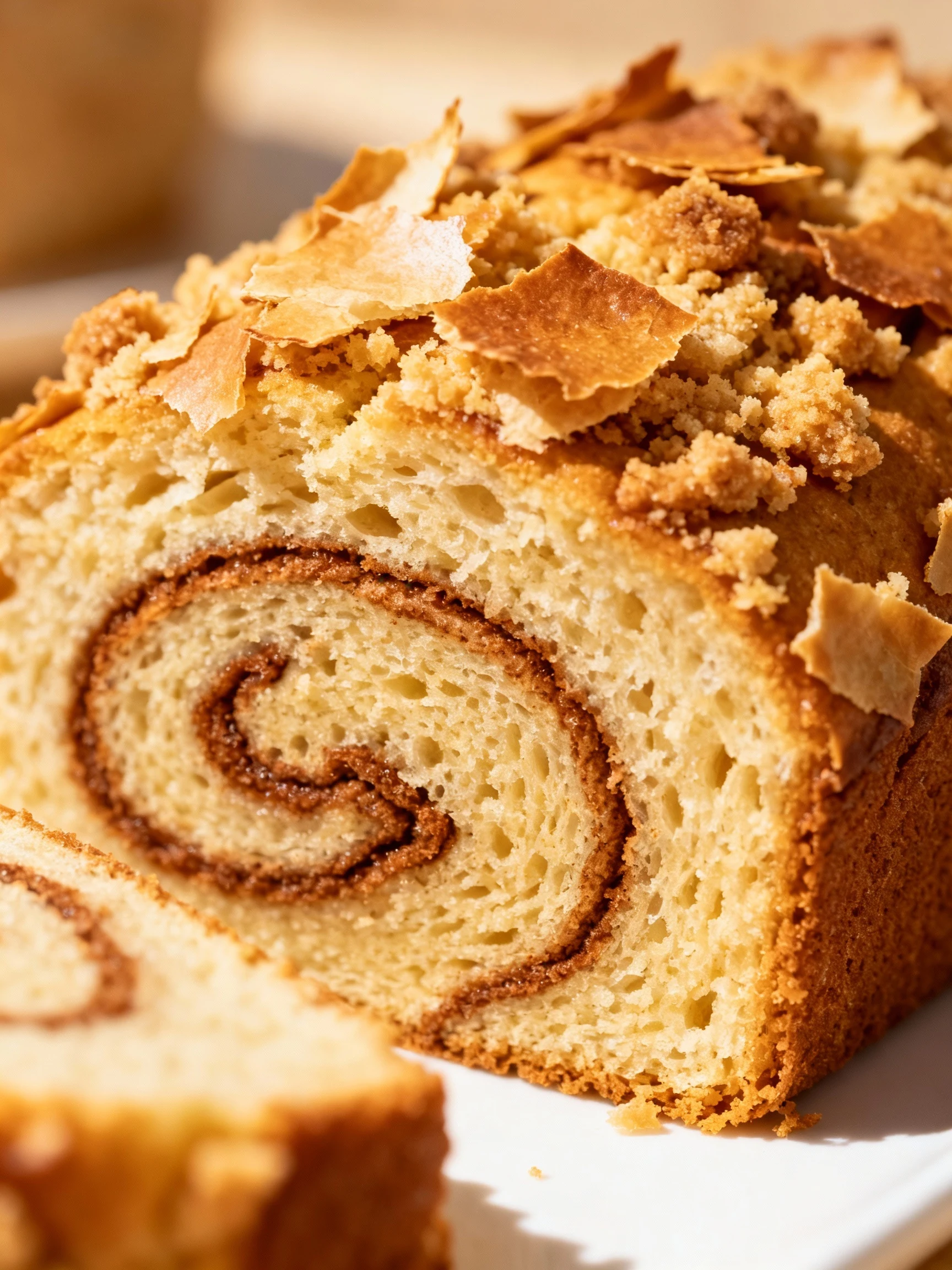 Close-up detail of a sliced piece showing the cinnamon swirl ribbon through a moist, tender crumb, golden-brown streusel