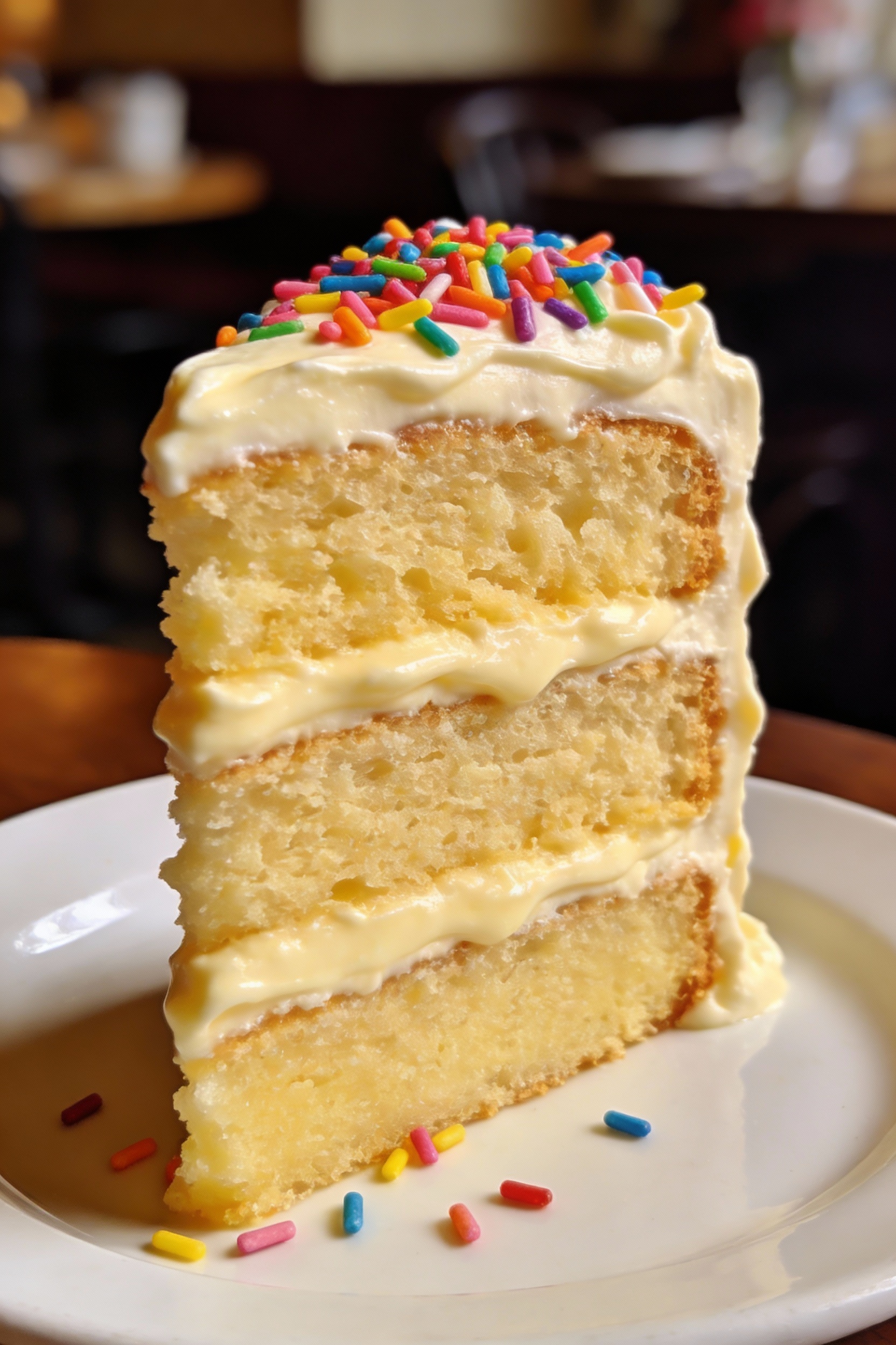 Final plated dish: a tall slice of vanilla butter cake with plush, moist crumb and even layers of vanilla buttercream, t