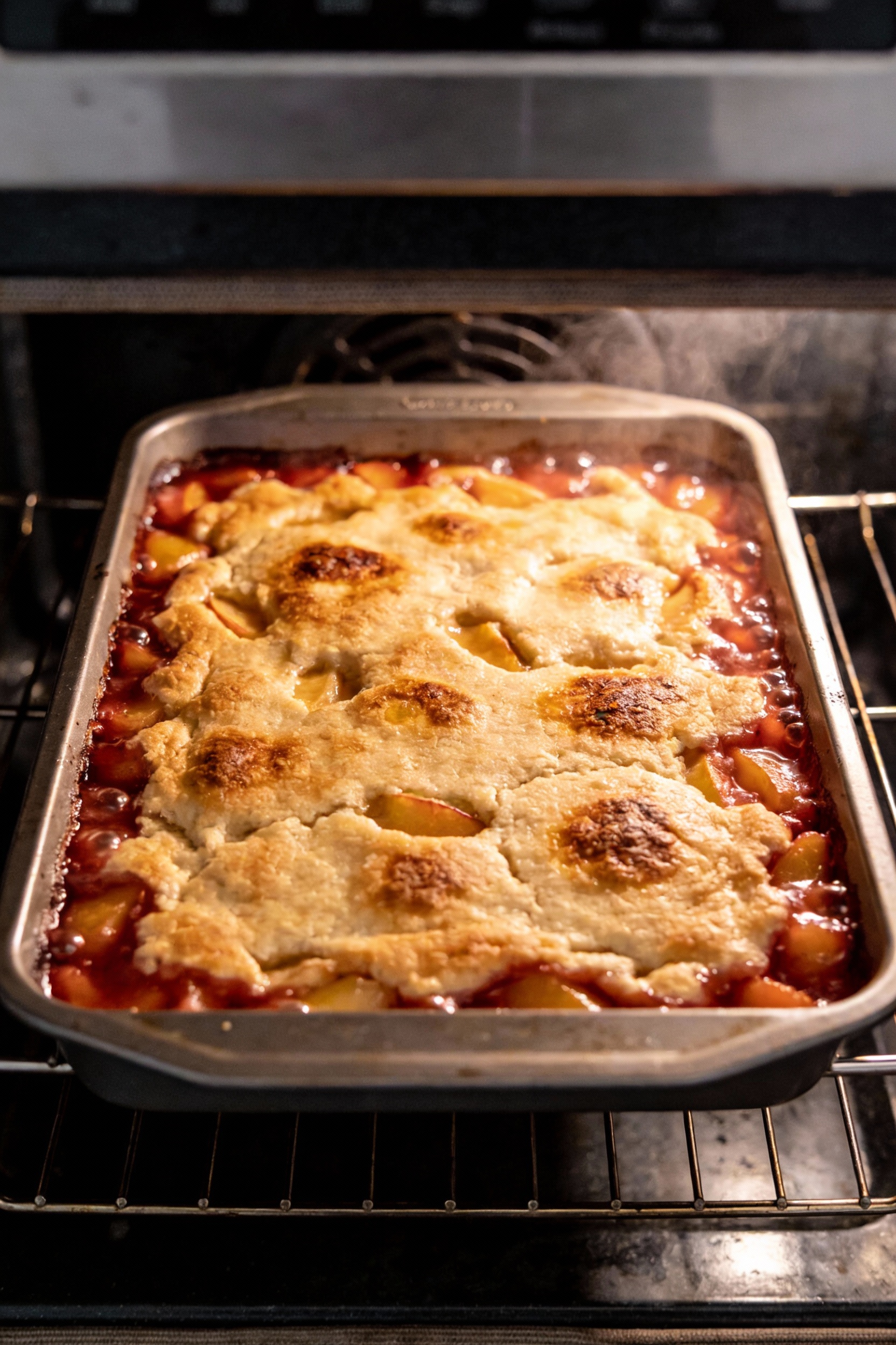 Dump cake mid-bake in the oven: 9x13 dish with fruit bubbling at the edges and the top turning golden in uneven rustic p