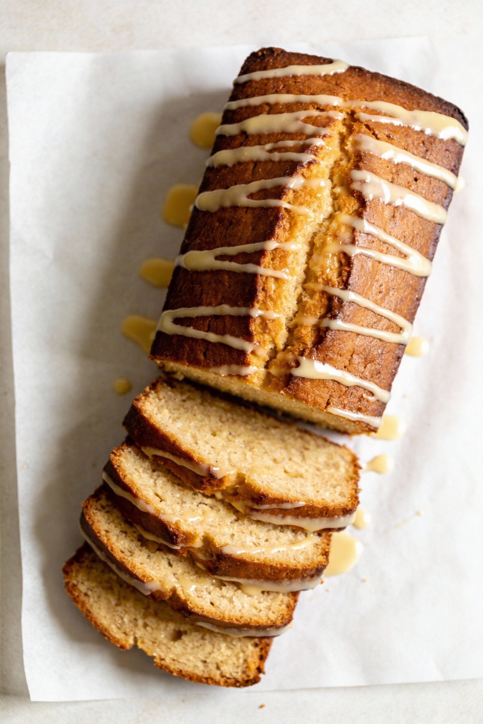 3. Overhead shot of a fully cooled pound cake loaf drizzled with glossy vanilla glaze (powdered sugar + milk + vanilla) 