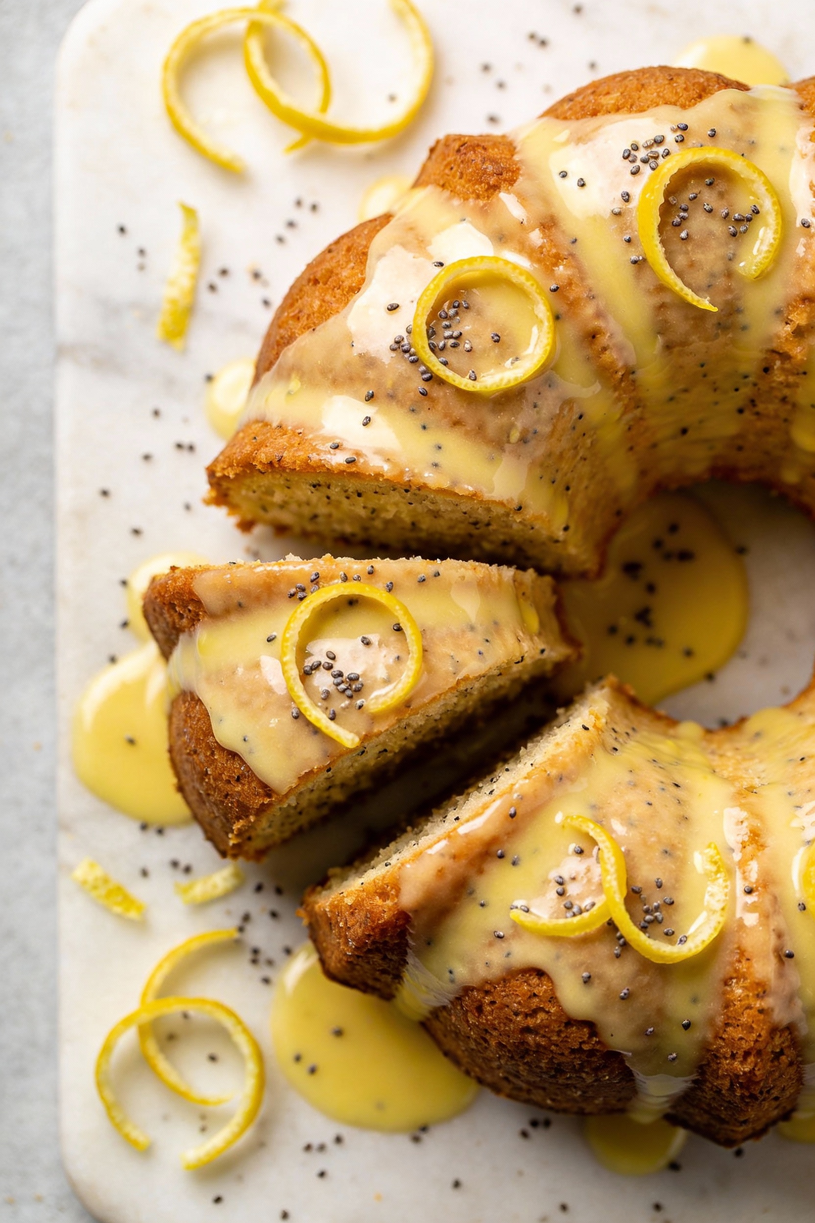 Overhead top-down shot of a lemon poppy seed Bundt cake sliced into clean wedges, bright lemon glaze pooled in the groov