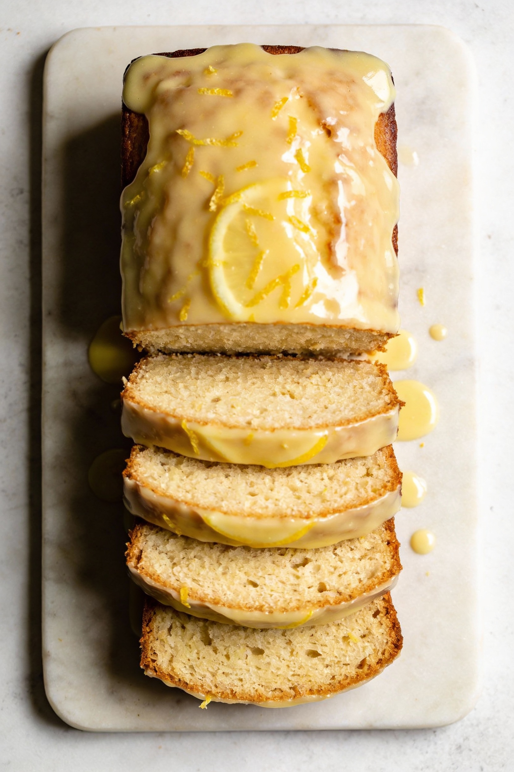 3. Overhead shot of a sliced lemon yogurt loaf with bright lemon glaze set on top, visible lemon zest flecks and glossy 