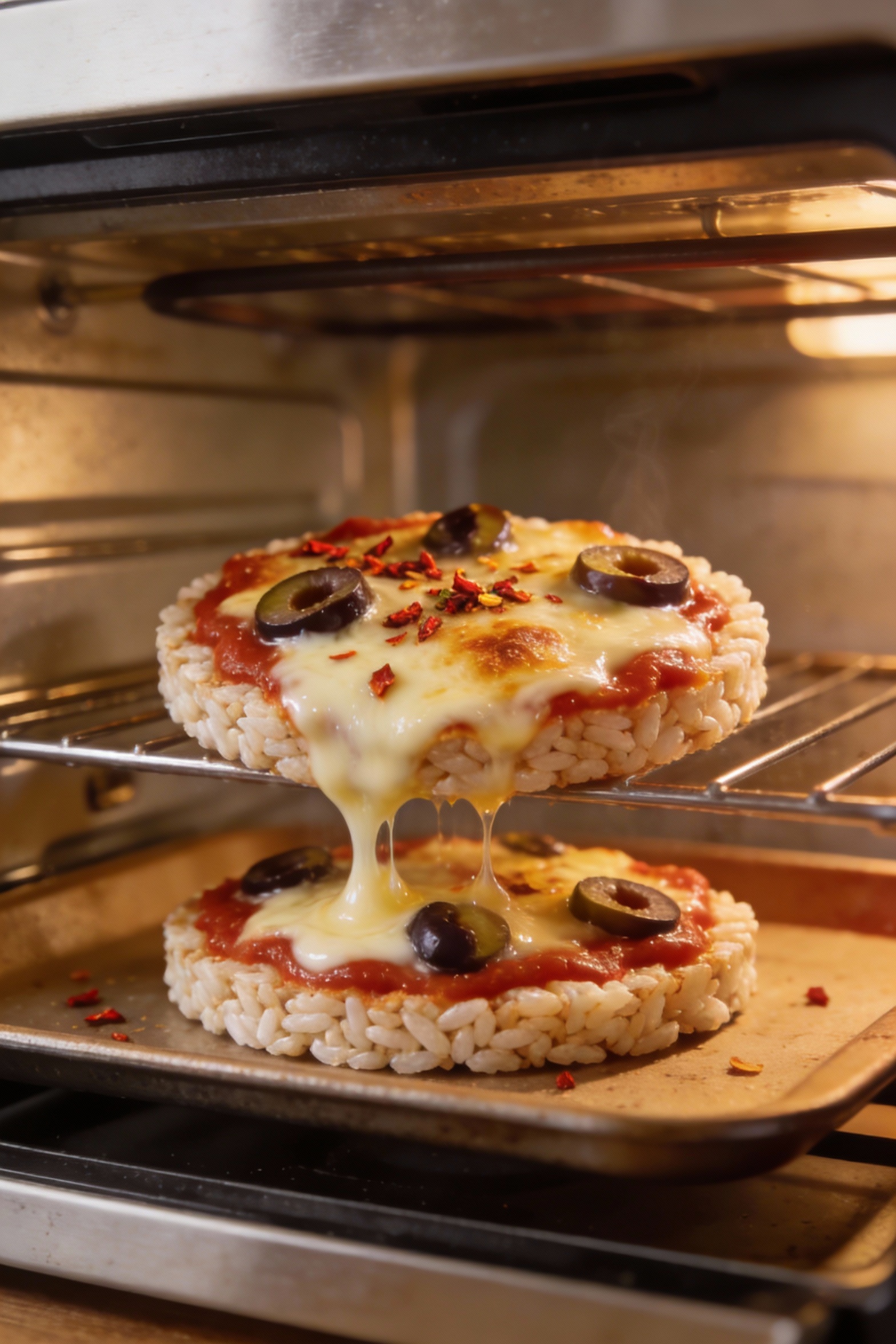 Mini Pizza Melt rice cake in a toaster-oven style setting: marinara spread and melted mozzarella bubbling and lightly br
