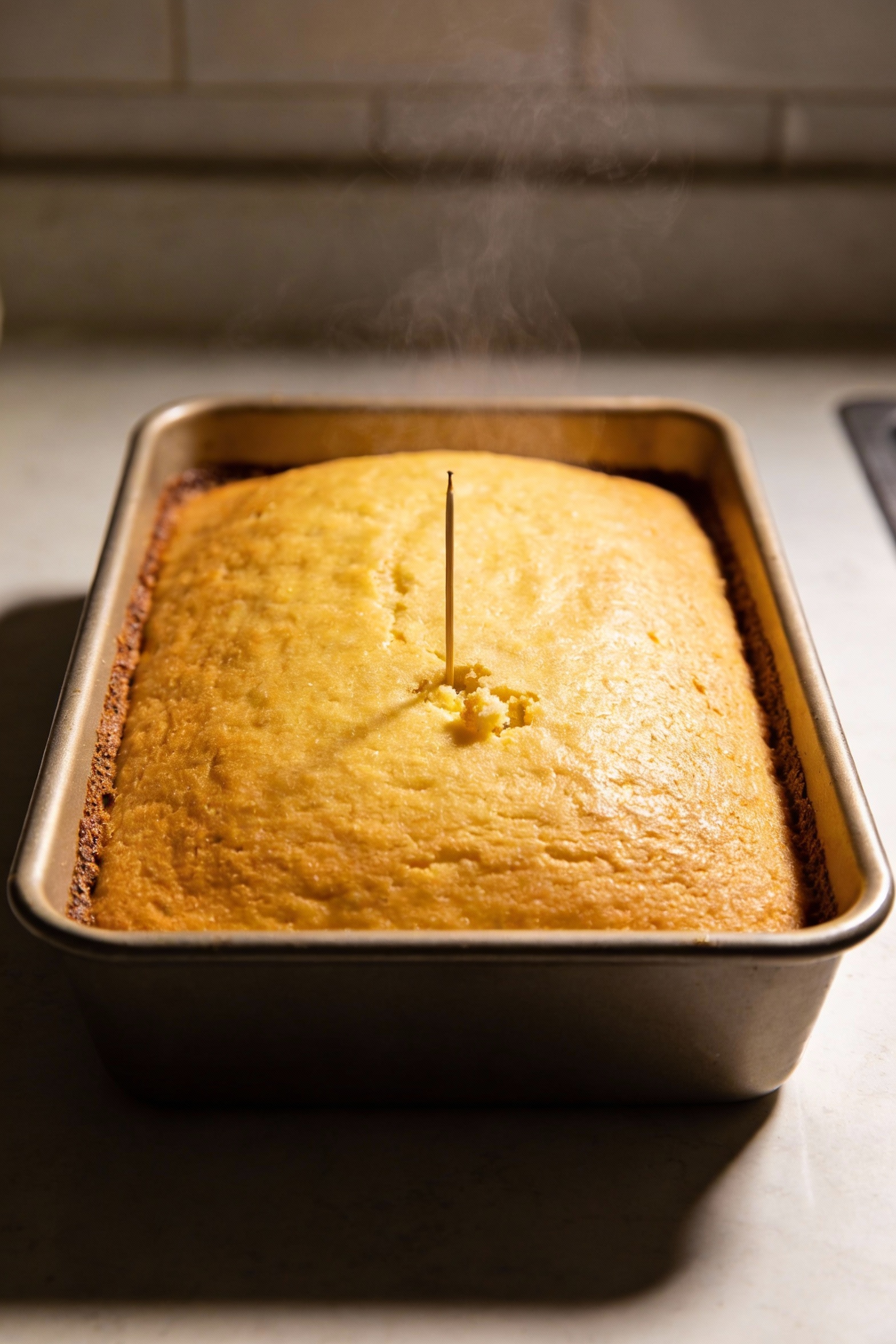 Cooking process: freshly baked yellow cake in a 9x13 pan just out of the oven, slightly domed top with a toothpick inser