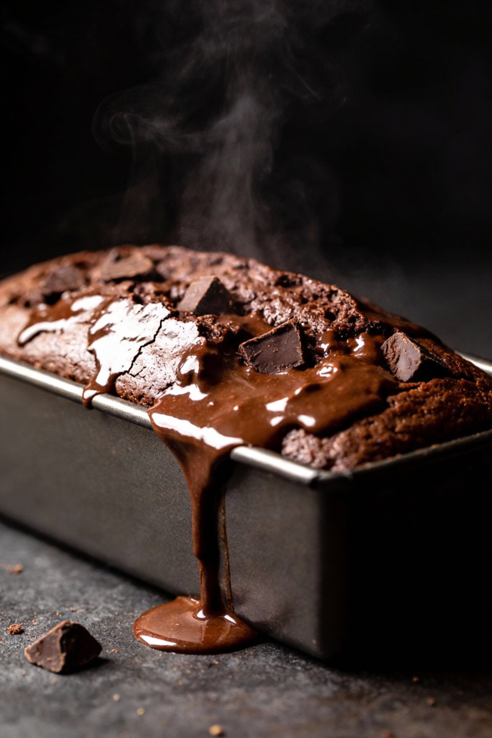 Cooking process shot of chocolate lava-ish snack cake just out of the oven in a loaf pan: cracked, shiny ganache layer s