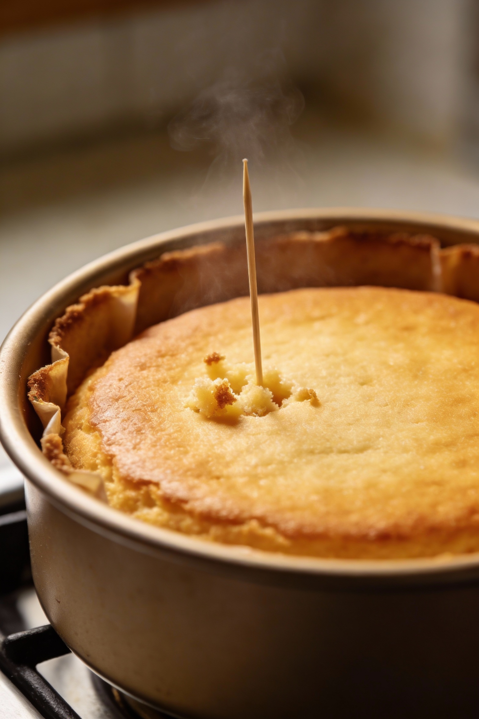 3. Cooking process: baked cake in the round pan just out of the oven with a lightly golden top and edges pulling slightl