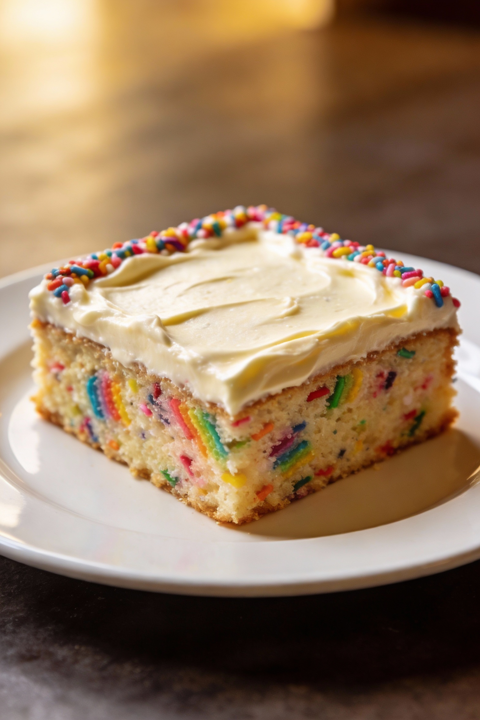 Beautifully plated square slice of funfetti sheet cake on a white dessert plate, thick vanilla buttercream frosting with