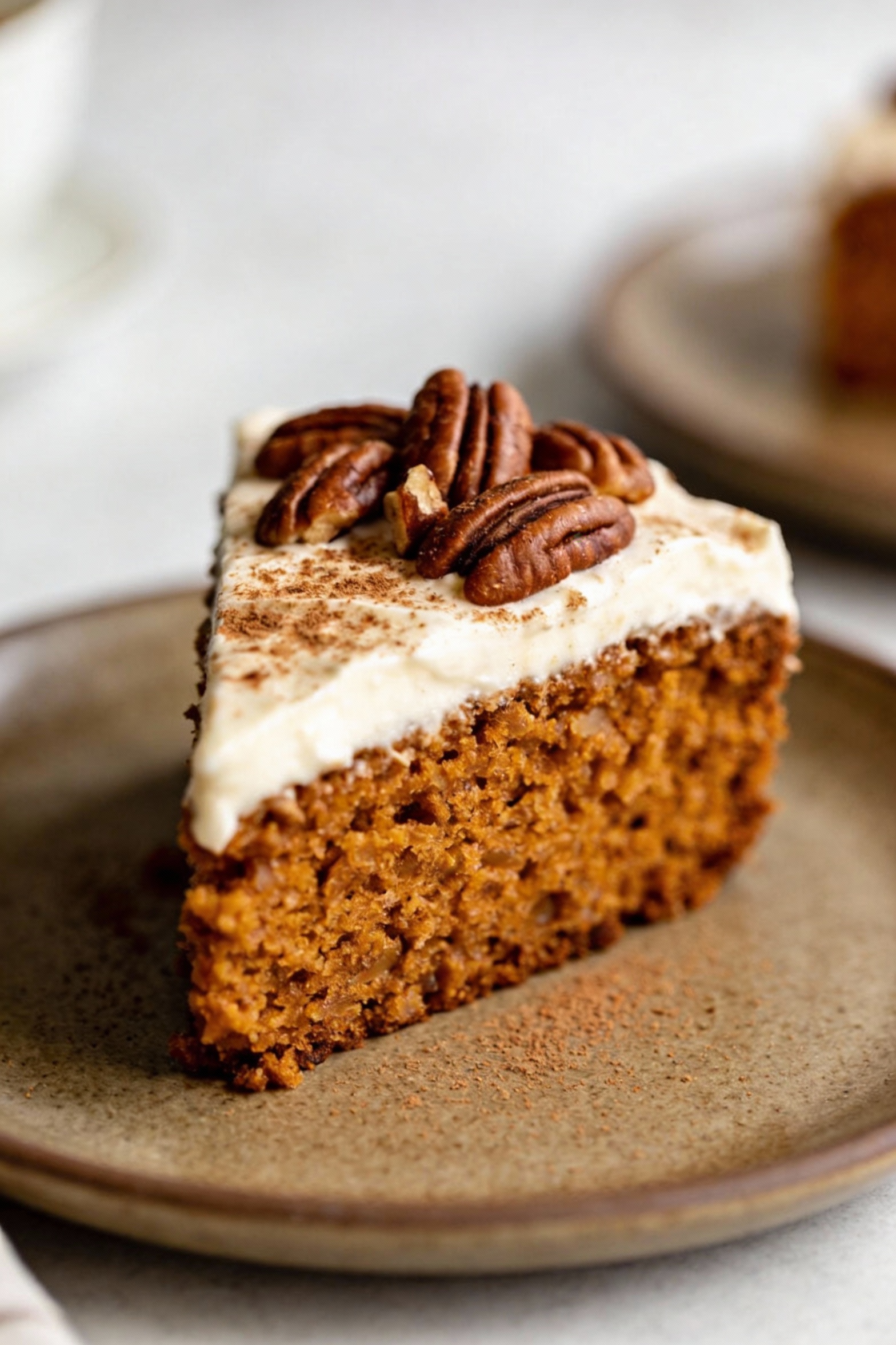 Beautifully plated slice of pumpkin spice cake with cream cheese frosting on a matte ceramic plate, topped with toasted 