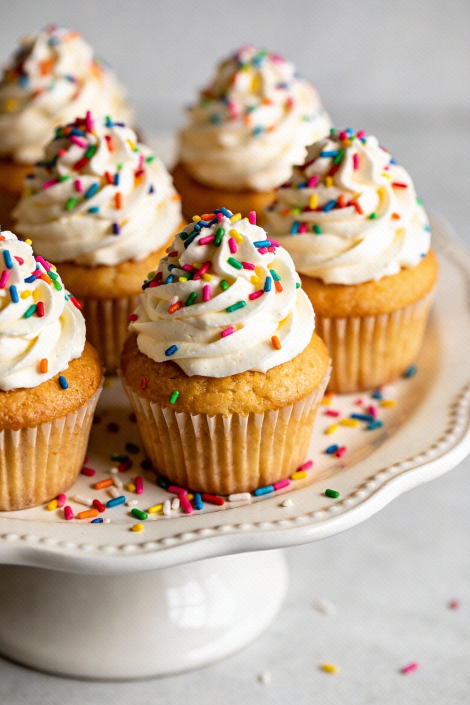Birthday cake cupcakes arranged on a white ceramic platter, fluffy vanilla buttercream piped high, rainbow sprinkles and