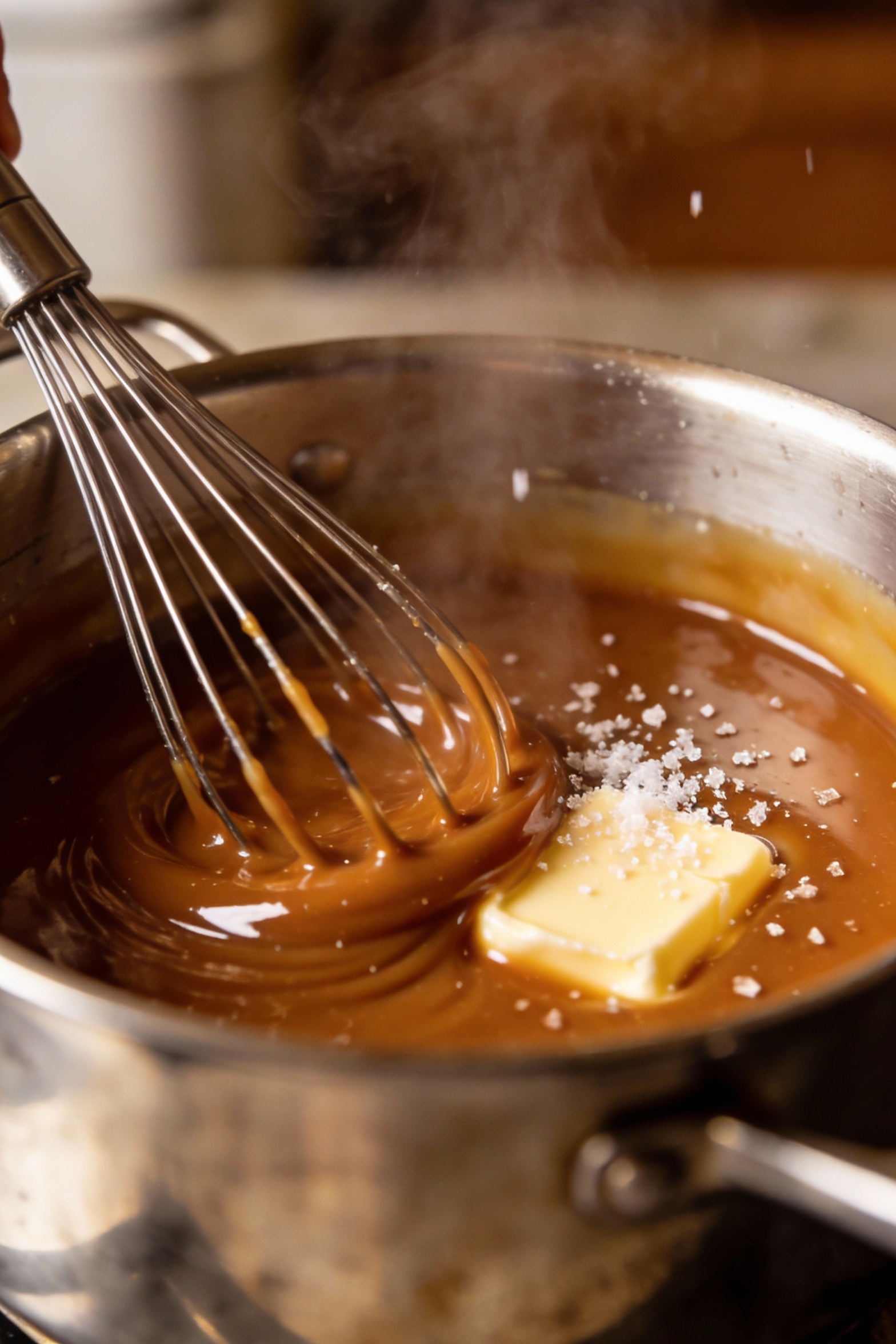 Salted caramel being whisked smooth in a saucepan just after adding warm cream, deep amber caramel with silky ripples an