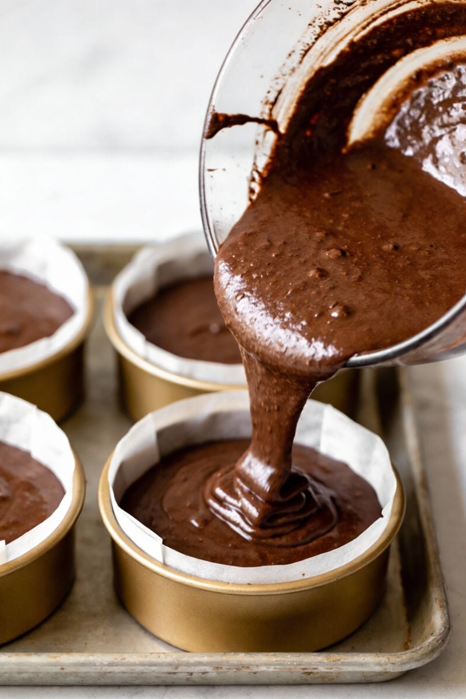 Cooking process: gluten-free chocolate cake batter being poured into parchment-lined round cake pans on a baking tray, b