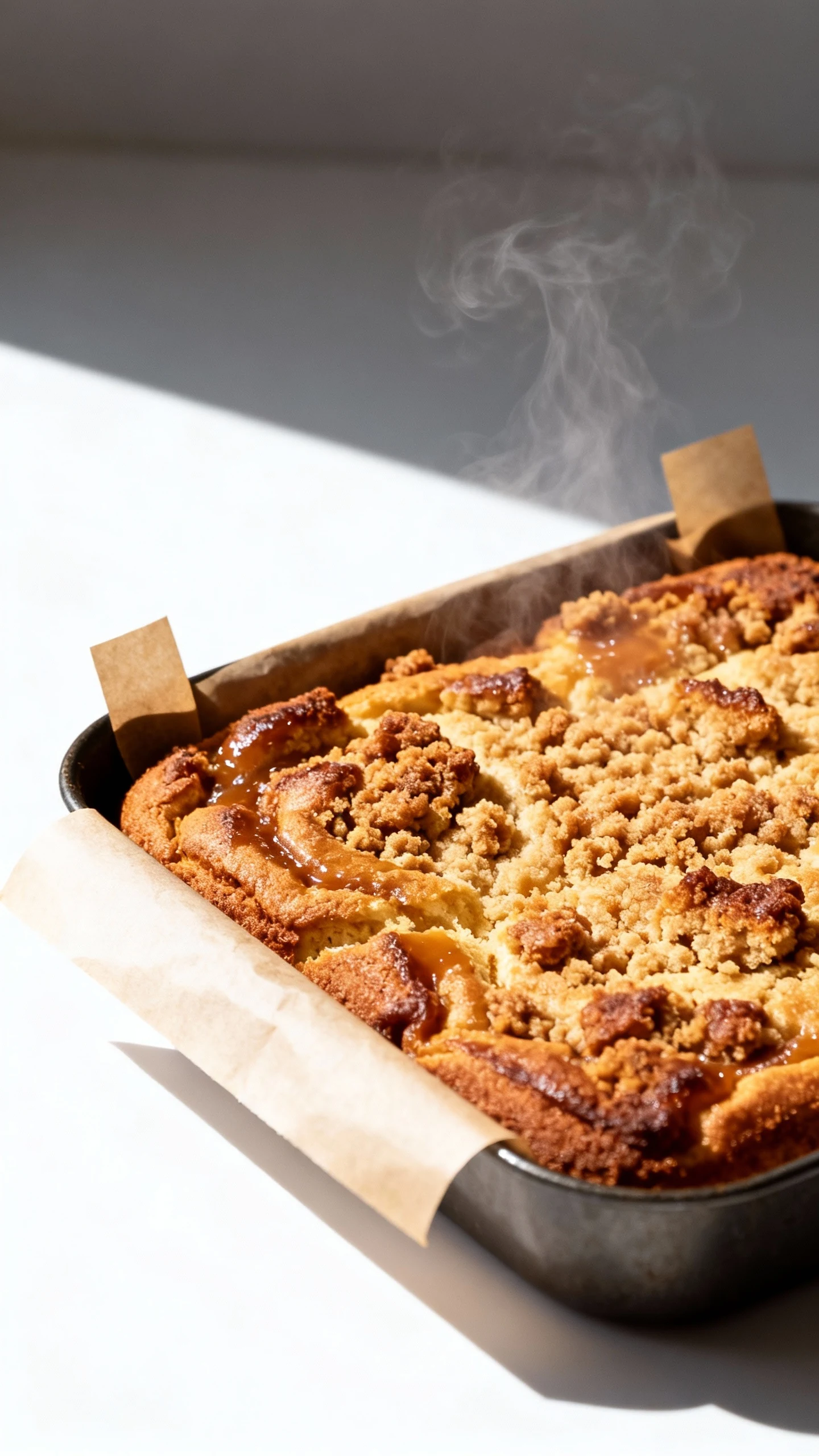 Cooking process: freshly baked coffee cake cooling in the pan with parchment lift tabs, top looks set and craggy with ca