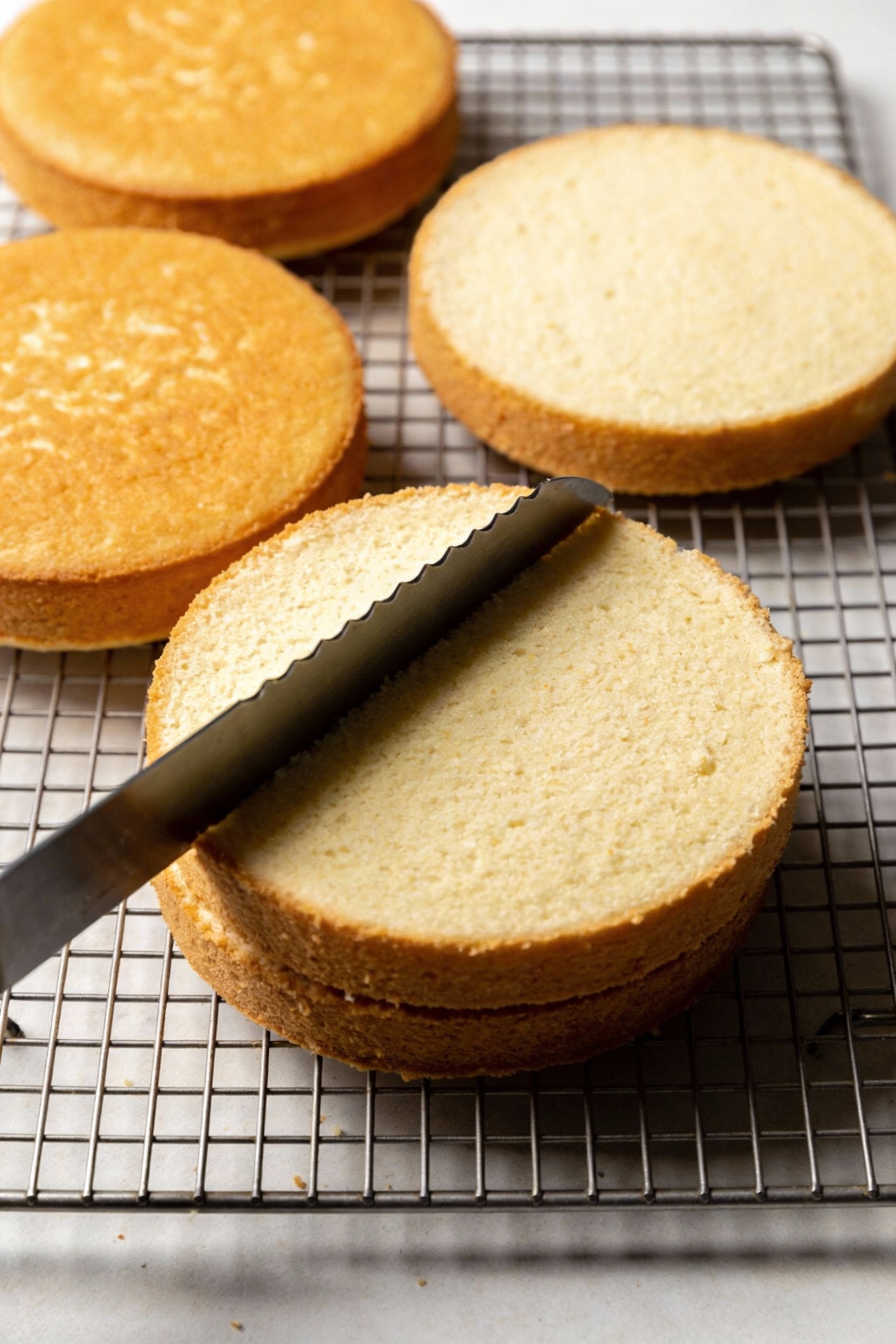 Cooking process: baked vanilla cake layers cooling on a wire rack, golden tops and slightly matte surface, one layer bei