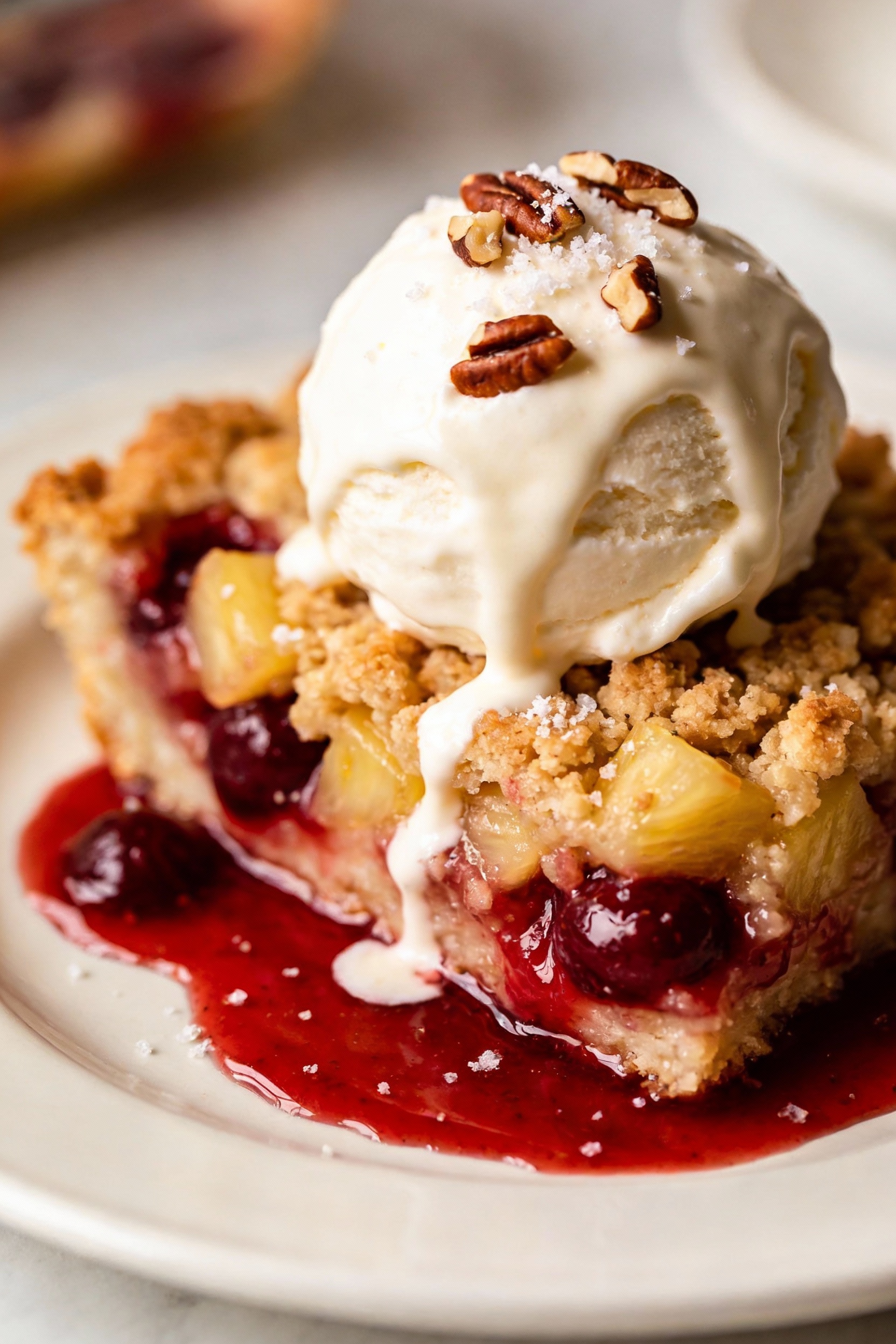 Beautifully plated serving of cherry-pineapple dump cake on a white dessert plate, topped with a melting scoop of vanill