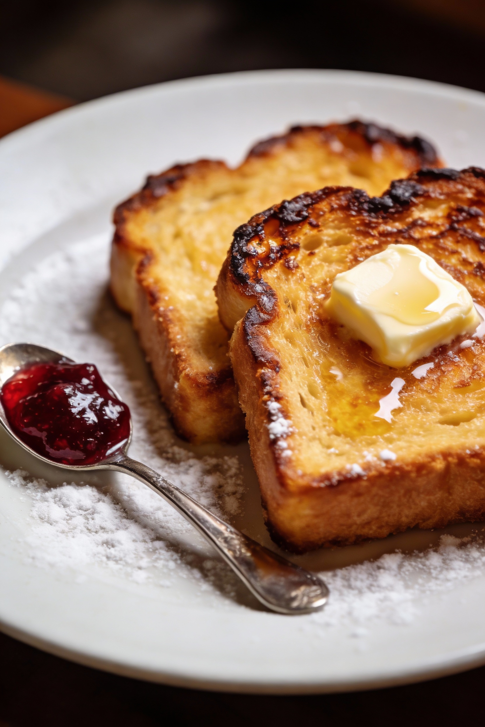 4. Beautifully plated toasted pound cake slices with crisp caramelized edges, topped with a small pat of melting salted 