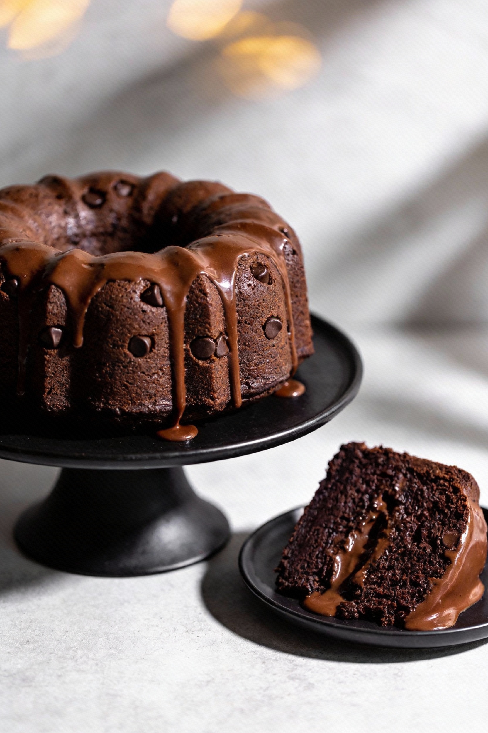 Final plated presentation of a chocolate fudge Bundt cake on a matte black cake stand, thick cocoa glaze cascading down 