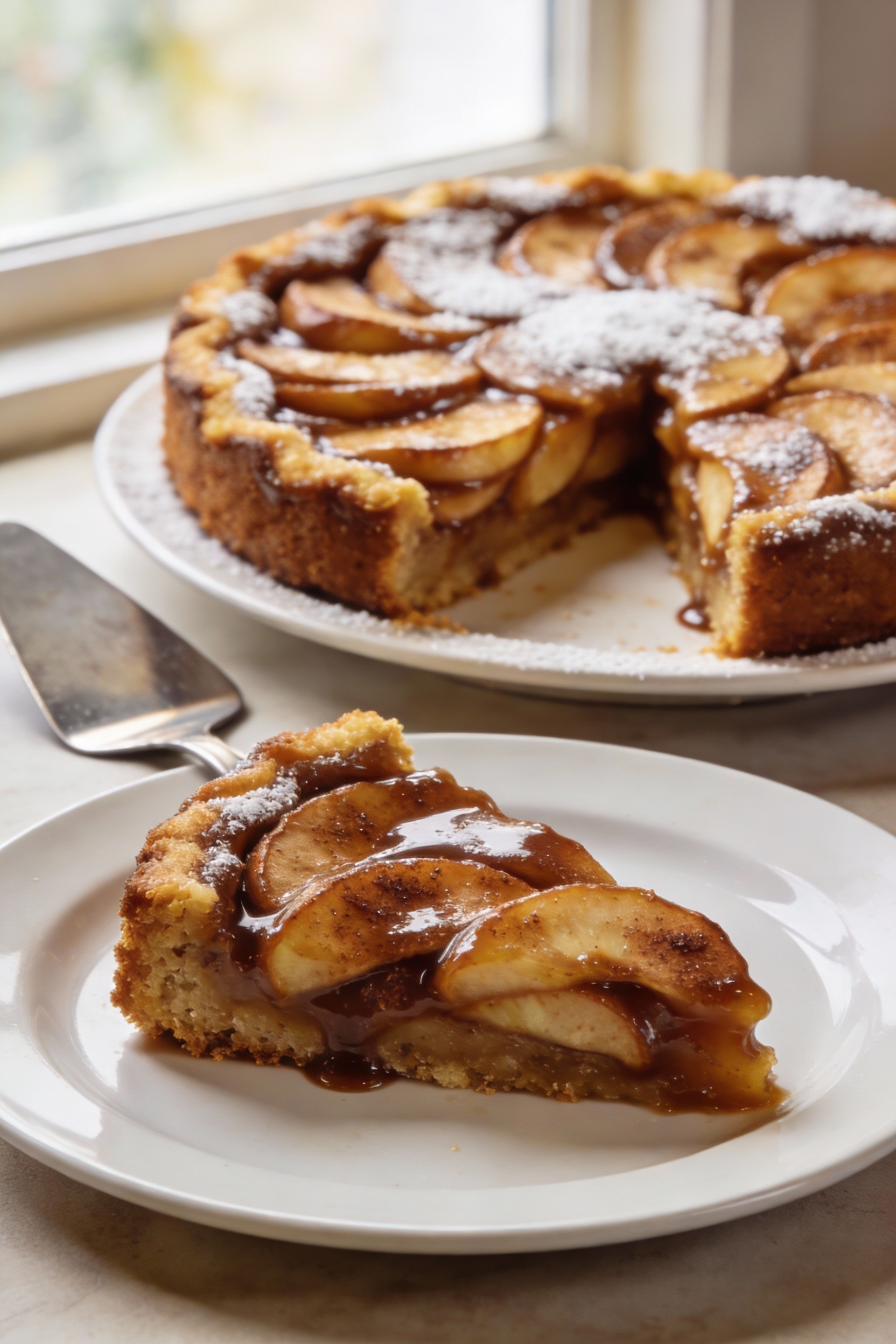 4. Final dish presentation of cinnamon apple “lazy” upside-down cake freshly flipped onto a serving plate, caramelized b