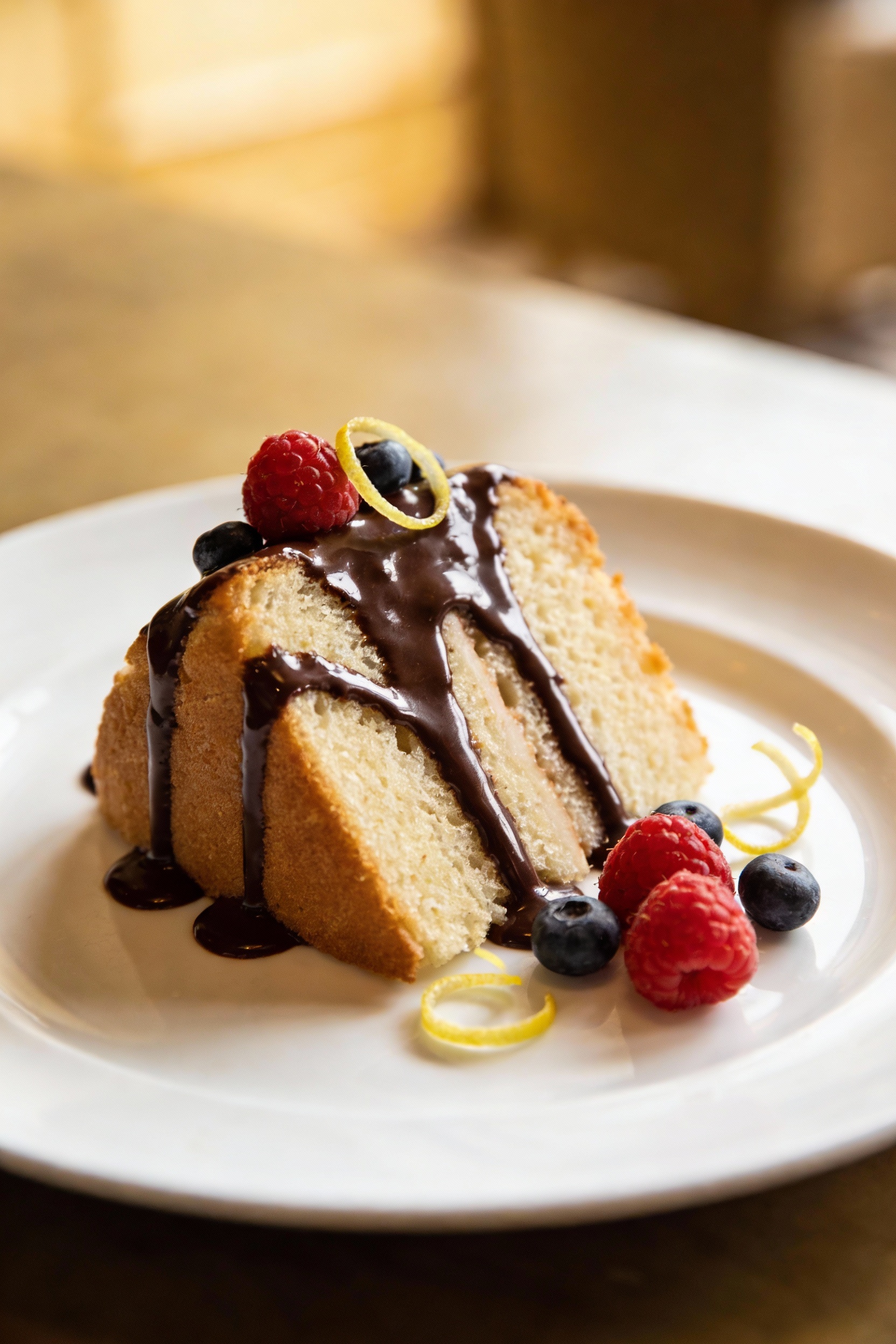 Final dish: restaurant-quality plated angel food cake slice with glossy chocolate ganache drizzle, scattered berry garni